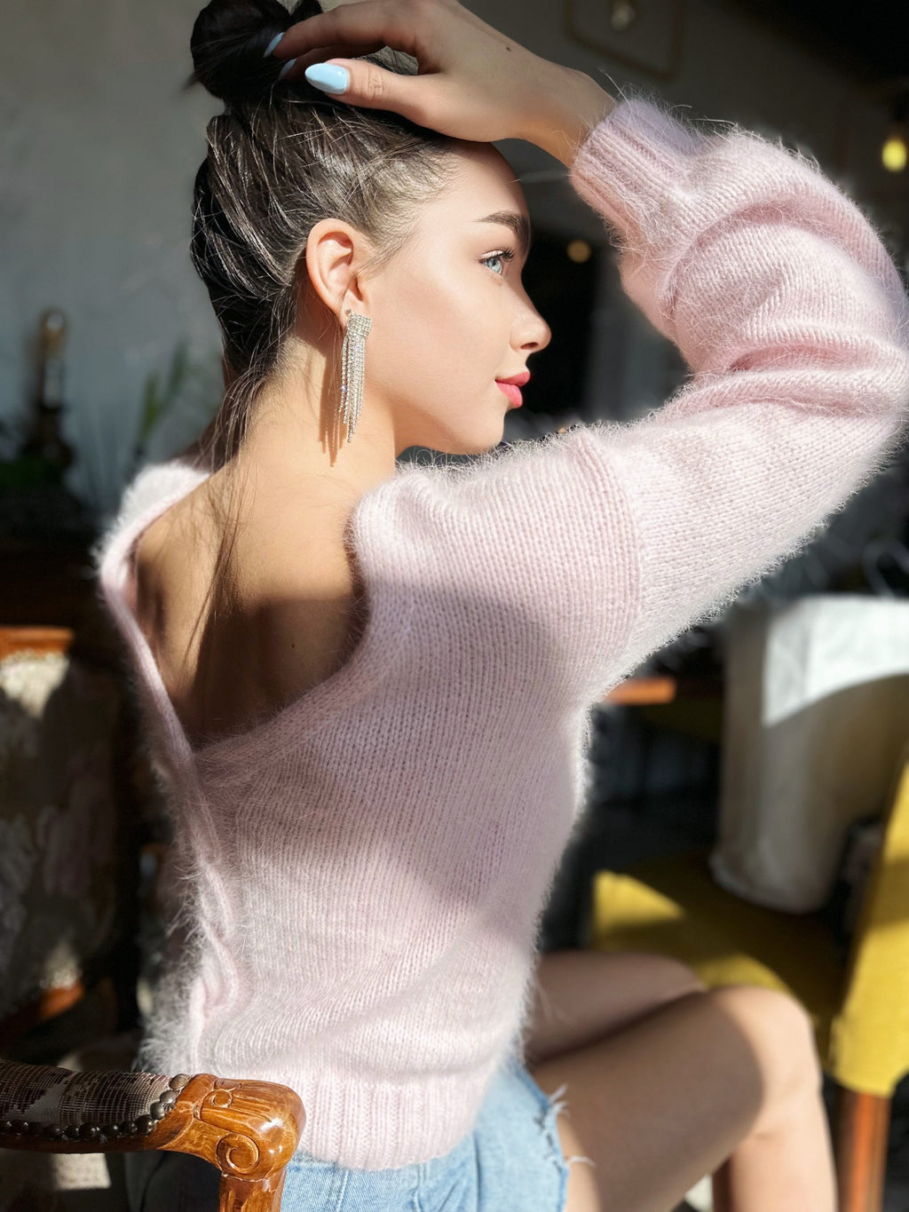 Light pink angora sweater Open back Deep neckline Knit Pastel fluffy angora pullover Loose fit oversized V-neck Top long sleevs Cozy gift