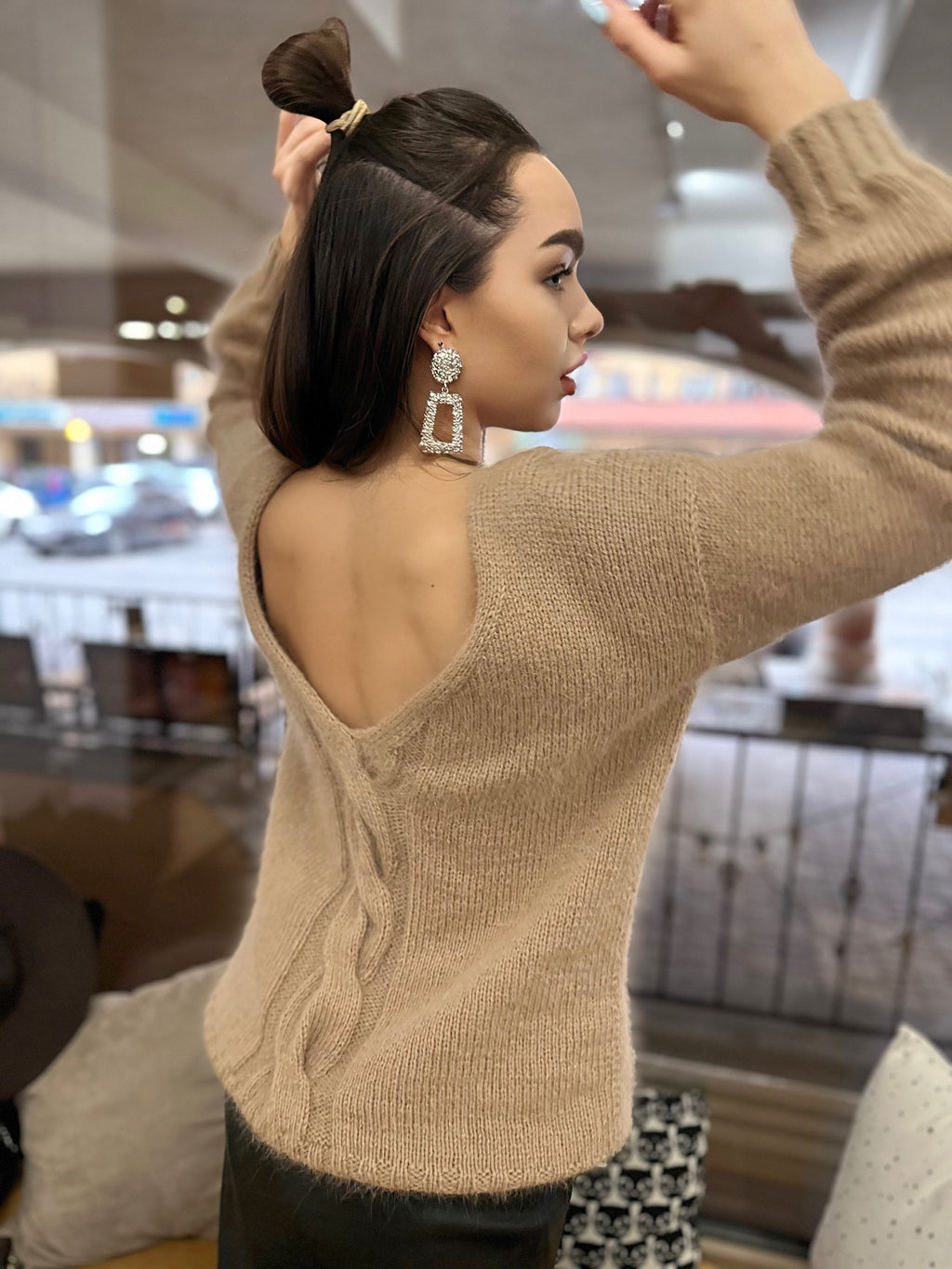 Beige angora sweater Open back Deep neckline Knit Pastel fluffy angora pullover Loose fit oversized V-neck Fluffy Top long sleevs Cozy gift