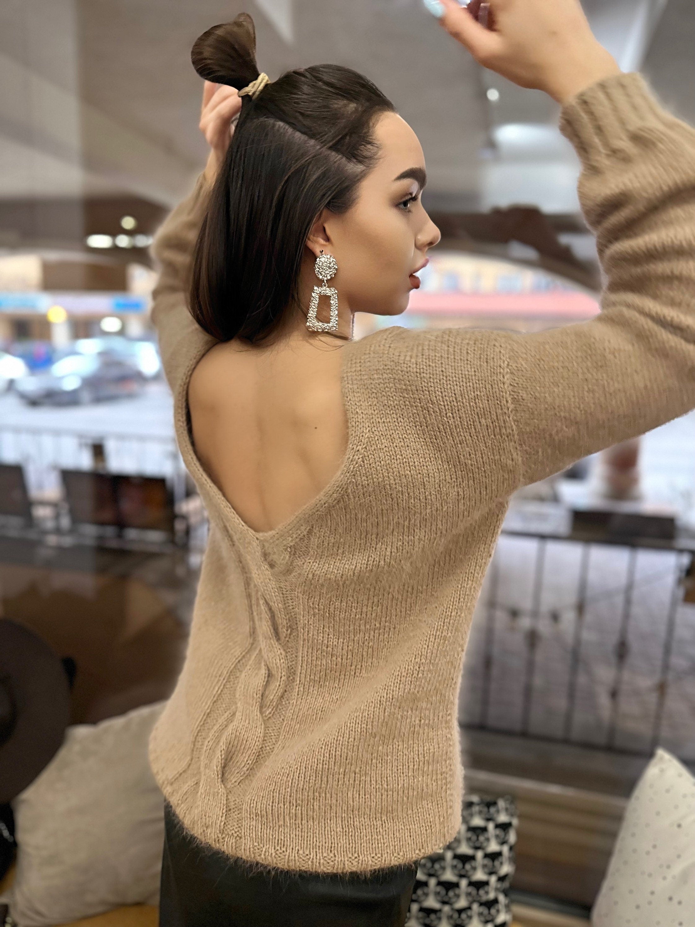 Beige angora sweater Open back Deep neckline Knit Pastel fluffy angora pullover Loose fit oversized V-neck Fluffy Top long sleevs Cozy gift