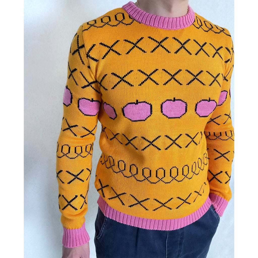 Hand knit yellow sweater Yellow pink orange X knit apples pullover Men’s knitted sweater Pink apples