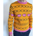 Hand knit yellow sweater Yellow pink orange X knit apples pullover Men’s knitted sweater Pink apples