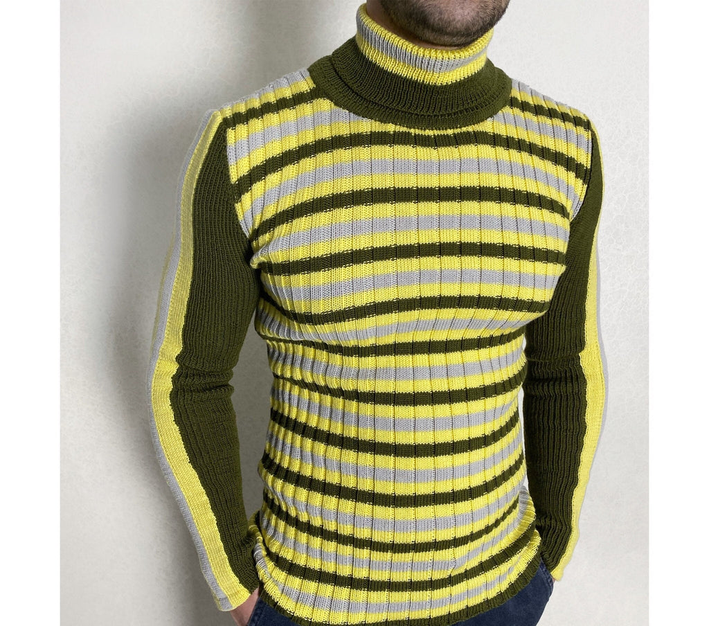 Knit turtleneck for mens Khaki knit sweater for mens Striped jumper high collar Green yellow gray turtleneck mens Mens Fine-knit Turtleneck