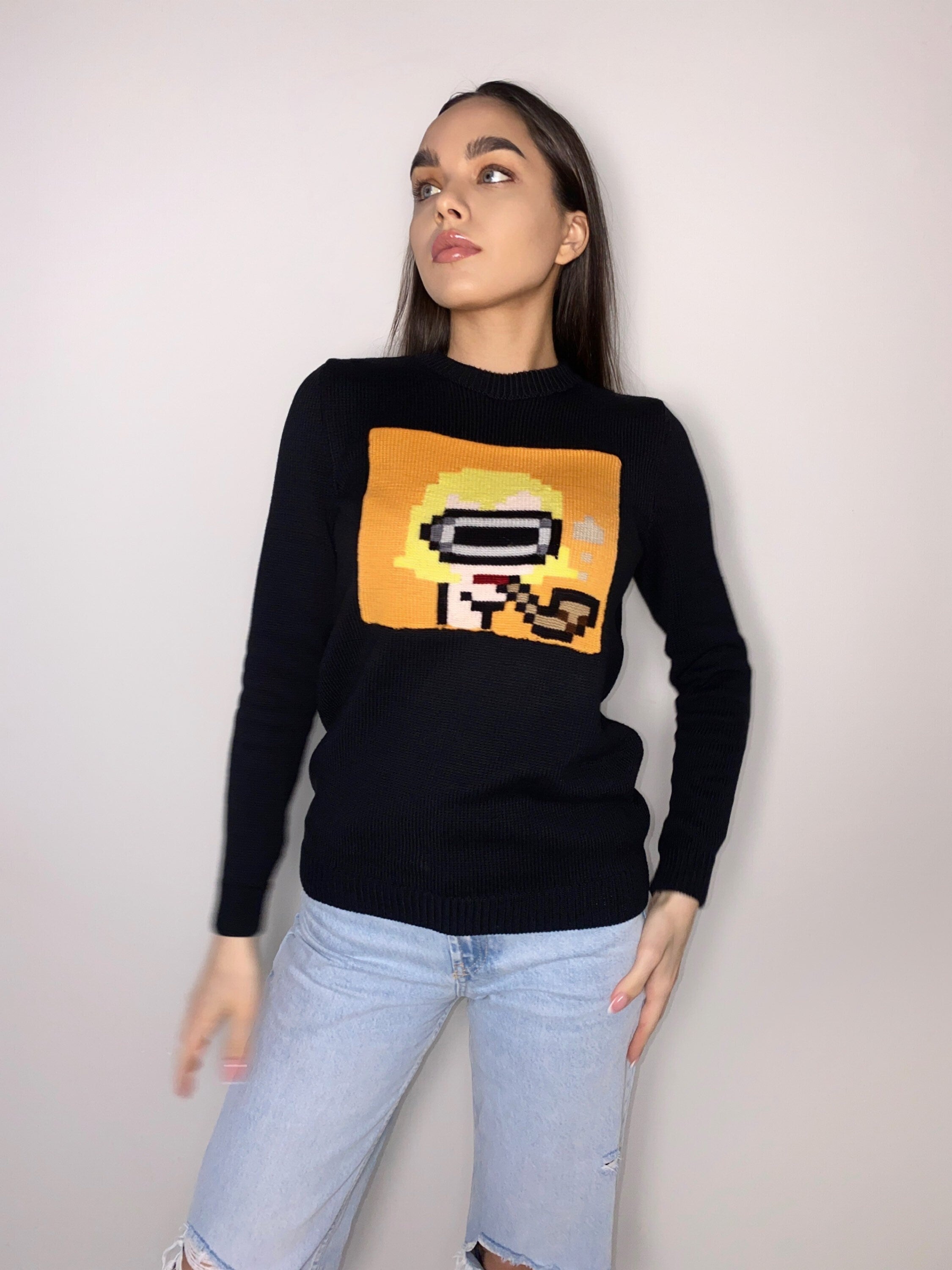 Funny organic cotton knitted sweater Crypto jumper pixel unisex Knitted image girl Knit black orange bitcoin sweater ethereum gifts for him
