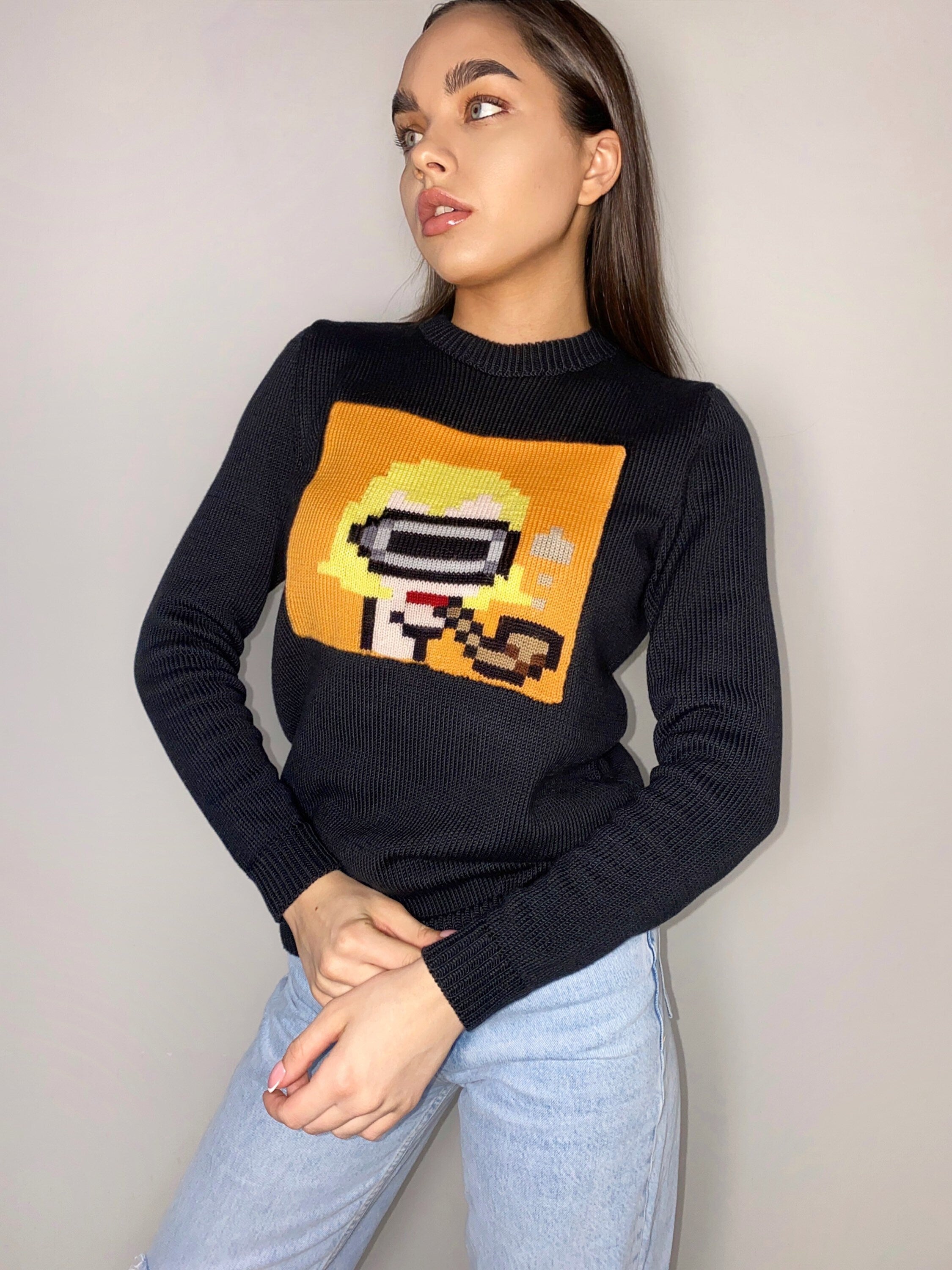 Funny organic cotton knitted sweater Crypto jumper pixel unisex Knitted image girl Knit black orange bitcoin sweater ethereum gifts for him