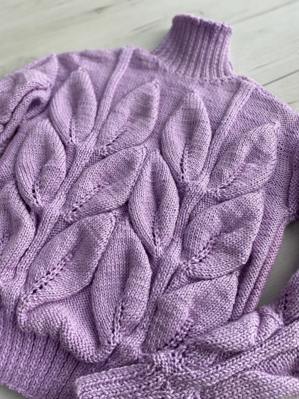 Cable hand knitted sweater with leaves Soft knitted lilac turtleneck sweater Chunky knit pullover