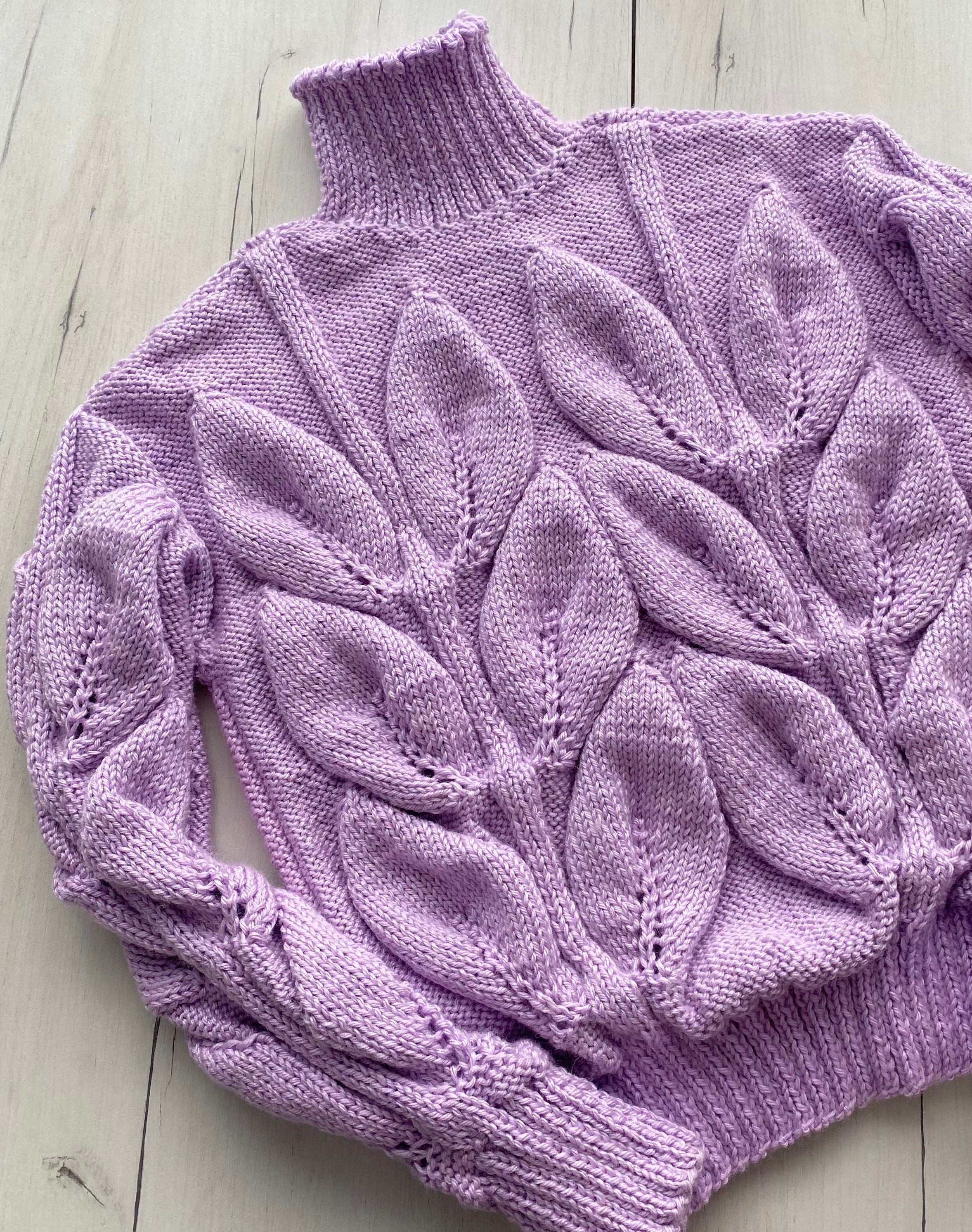 Cable hand knitted sweater with leaves Soft knitted lilac turtleneck sweater Chunky knit pullover