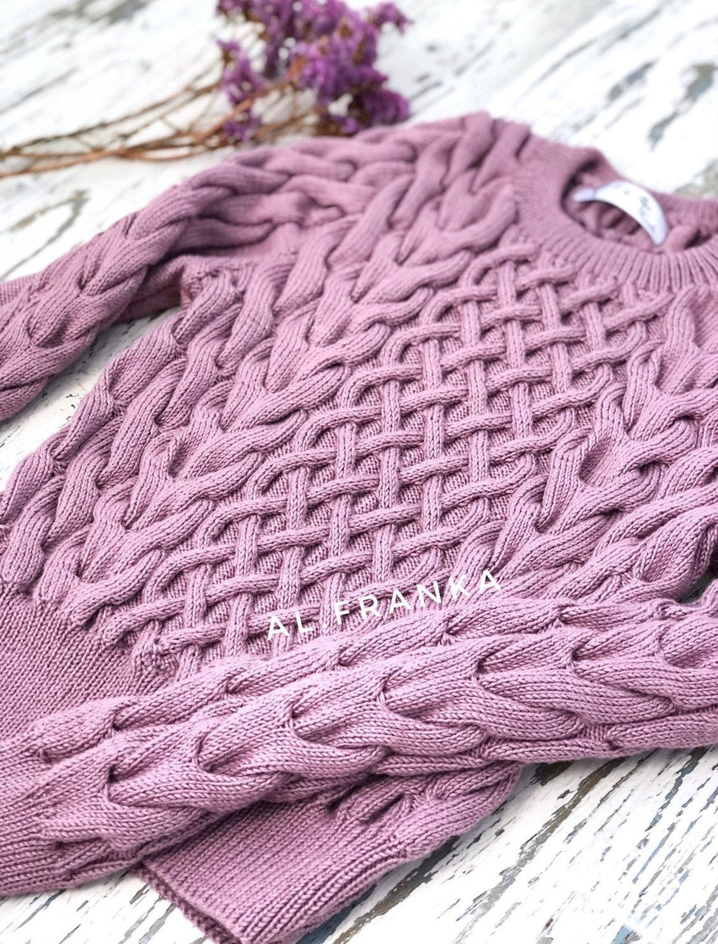 Lilac softy hand knitted crop organic cotton sweater Purple pullover women Cable Knit Sweater Sweater for sensitive skin Gift for Her