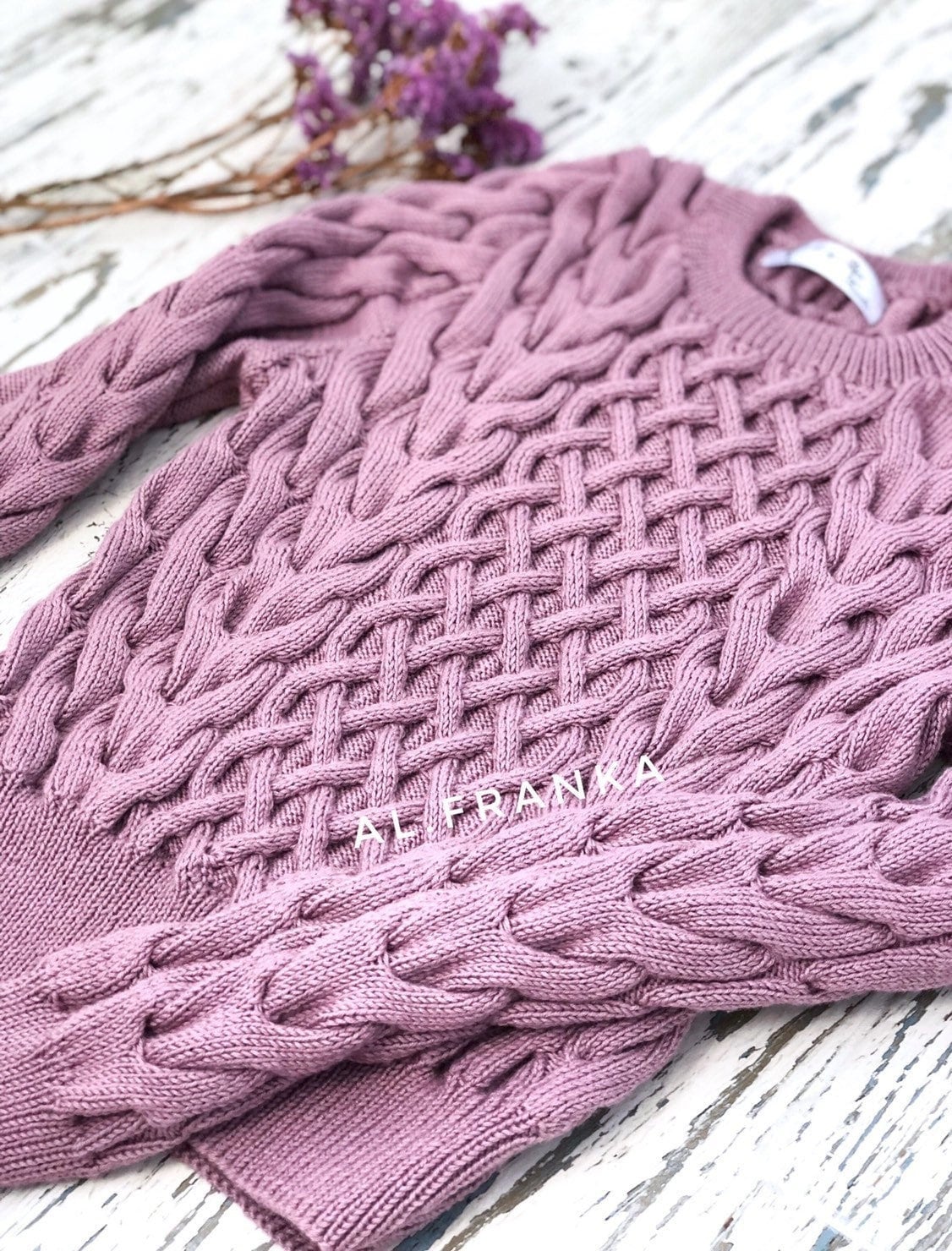 Lilac softy hand knitted crop organic cotton sweater Purple pullover women Cable Knit Sweater Sweater for sensitive skin Gift for Her