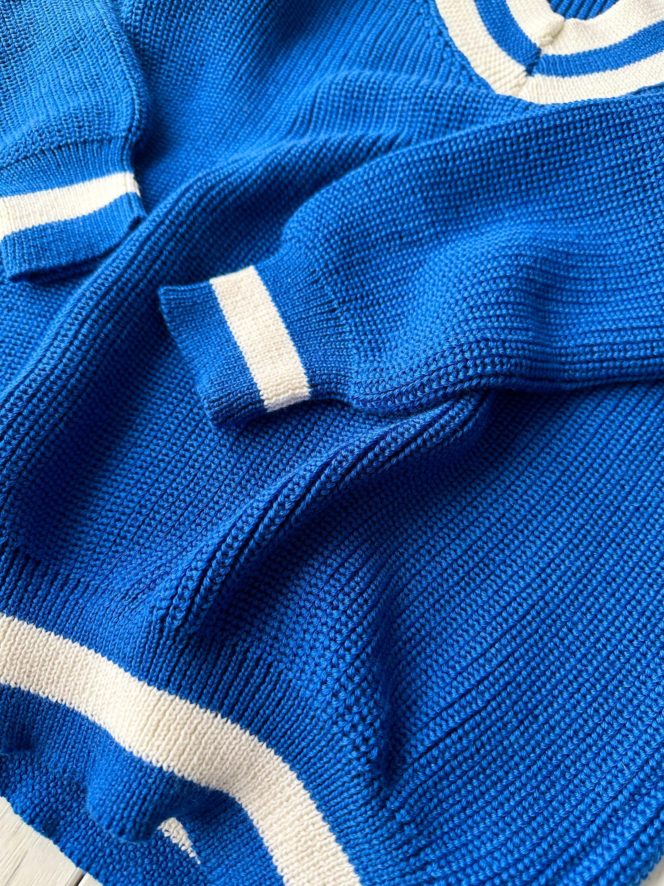 Knitted merino wool V neck Blue White sweater women Blue merino knit pullover Bright sweater Womens Chunky knit oversize pullover