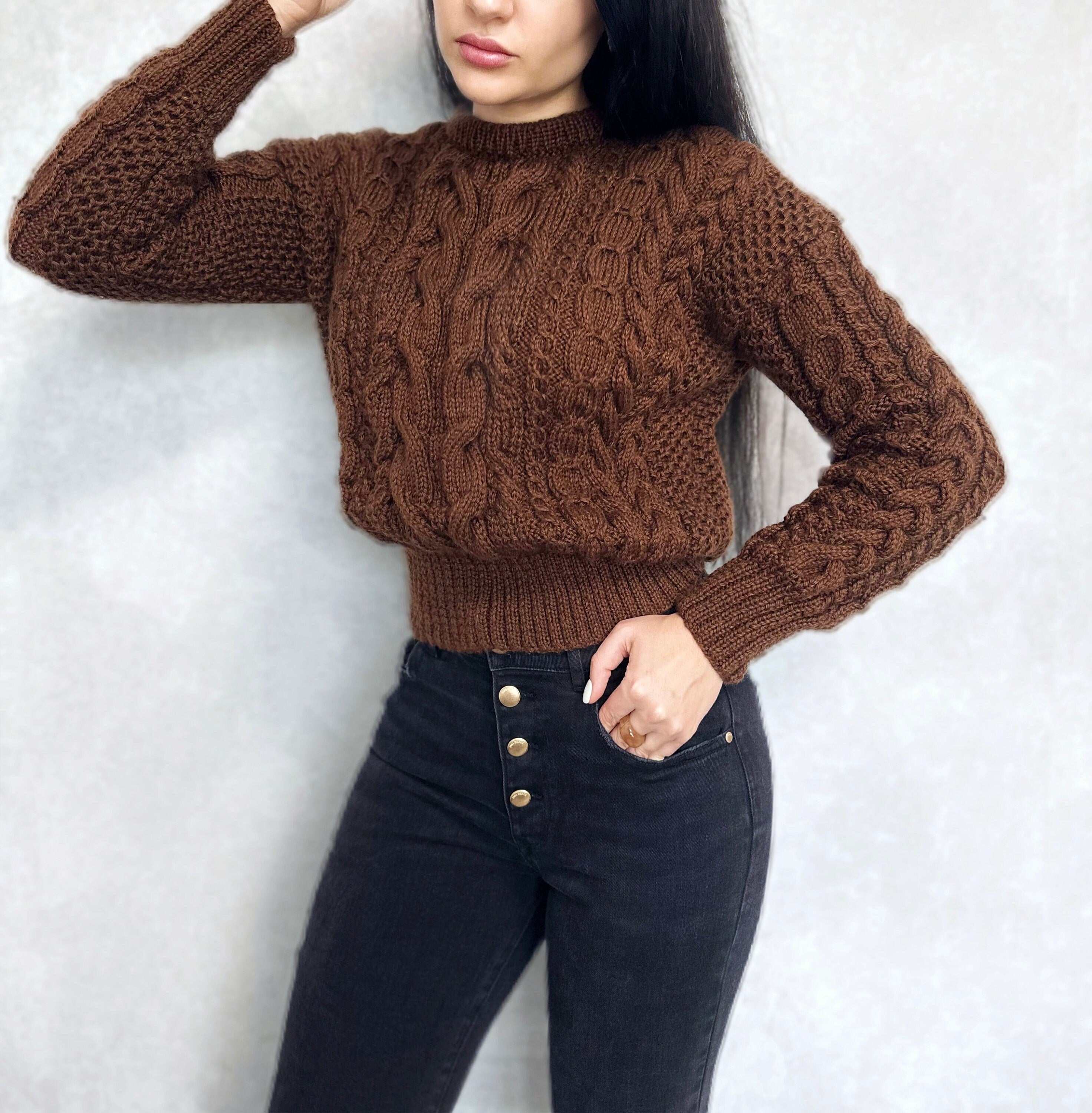 Brown knit sweater women/hand knit jumper/Crop sweater/Cable knitting/Loose knit/Oversized/women many colors knitted sweater/High waist