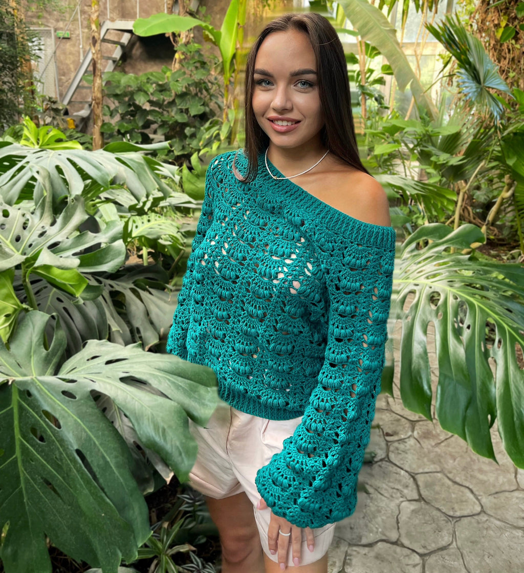 Knit green one shoulder pulover sweater Сrochet cotton blouse Crochet boho emerald sweater Sweater open shoulders summer sweater women