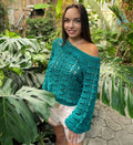 Knit green one shoulder pulover sweater Сrochet cotton blouse Crochet boho emerald sweater Sweater open shoulders summer sweater women