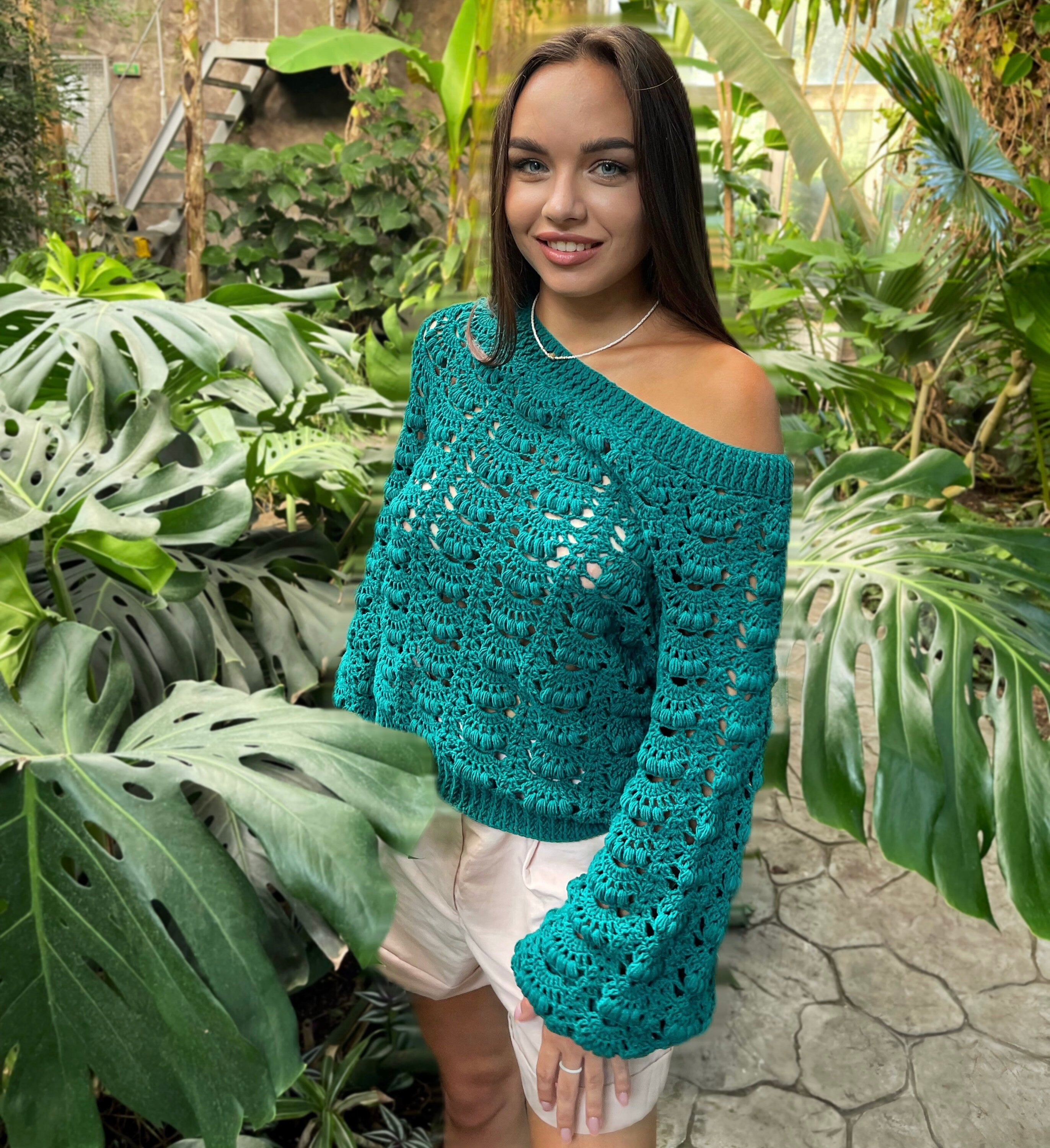 Knit green one shoulder pulover sweater Сrochet cotton blouse Crochet boho emerald sweater Sweater open shoulders summer sweater women