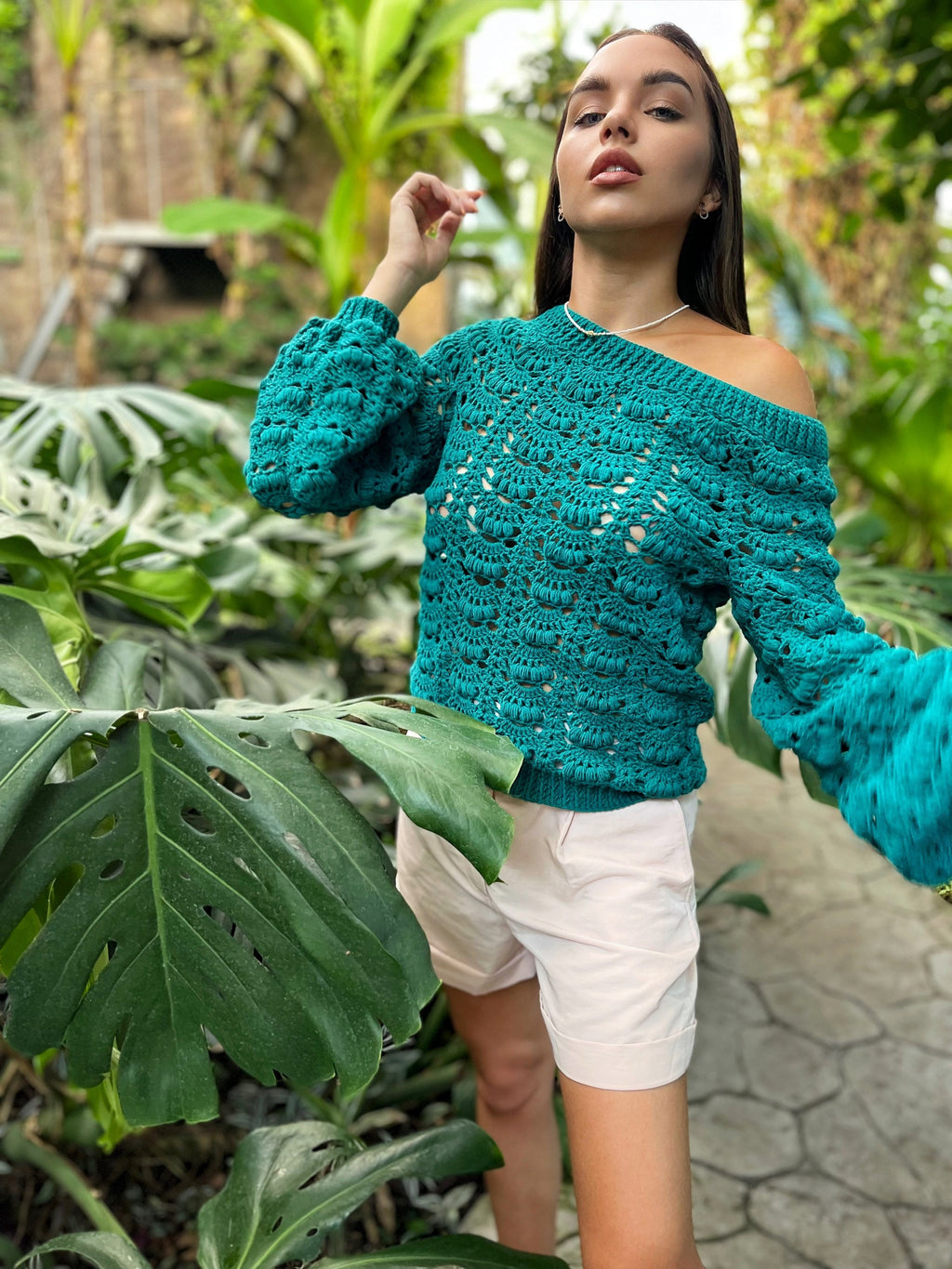 Knit green one shoulder pulover sweater Сrochet cotton blouse Crochet boho emerald sweater Sweater open shoulders summer sweater women