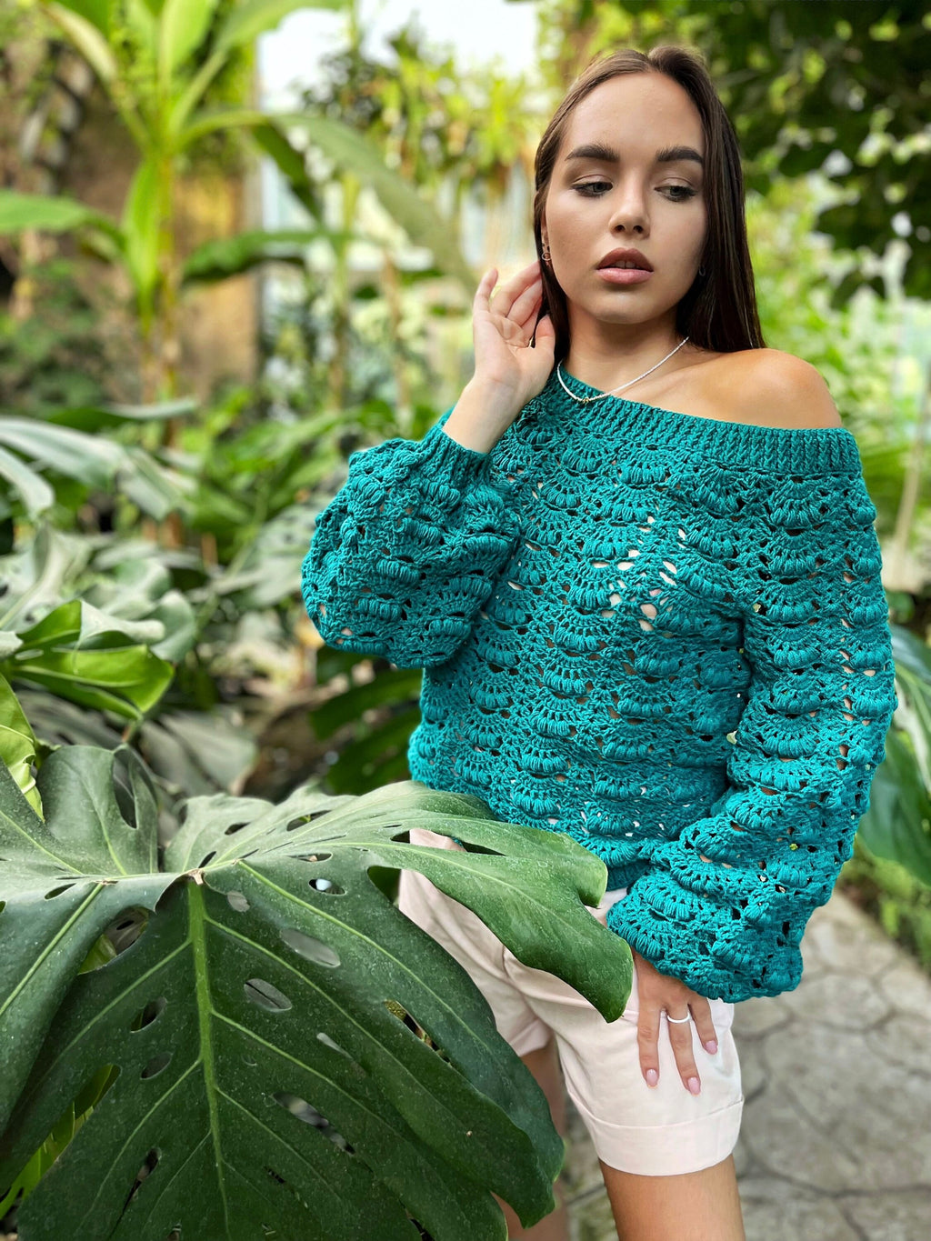 Knit green one shoulder pulover sweater Сrochet cotton blouse Crochet boho emerald sweater Sweater open shoulders summer sweater women