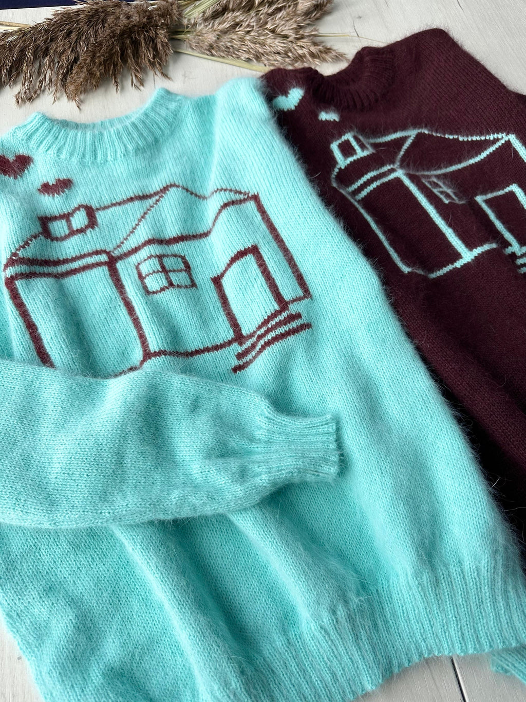 Premium angora soft wool hand knit brown blue green sweater Gender neutral pullover Fluffy sweater knitted house Unisex Sweater