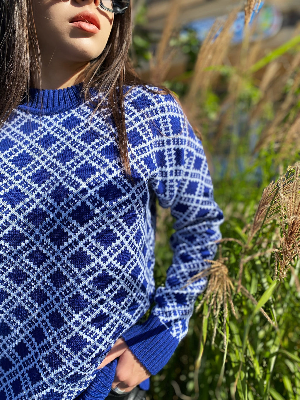 Long knitted printed sweater Vintage plaid sweater women Vintage Geometric pattern sweater dress O-Neck Long Sleeve Womens Oversize pullover