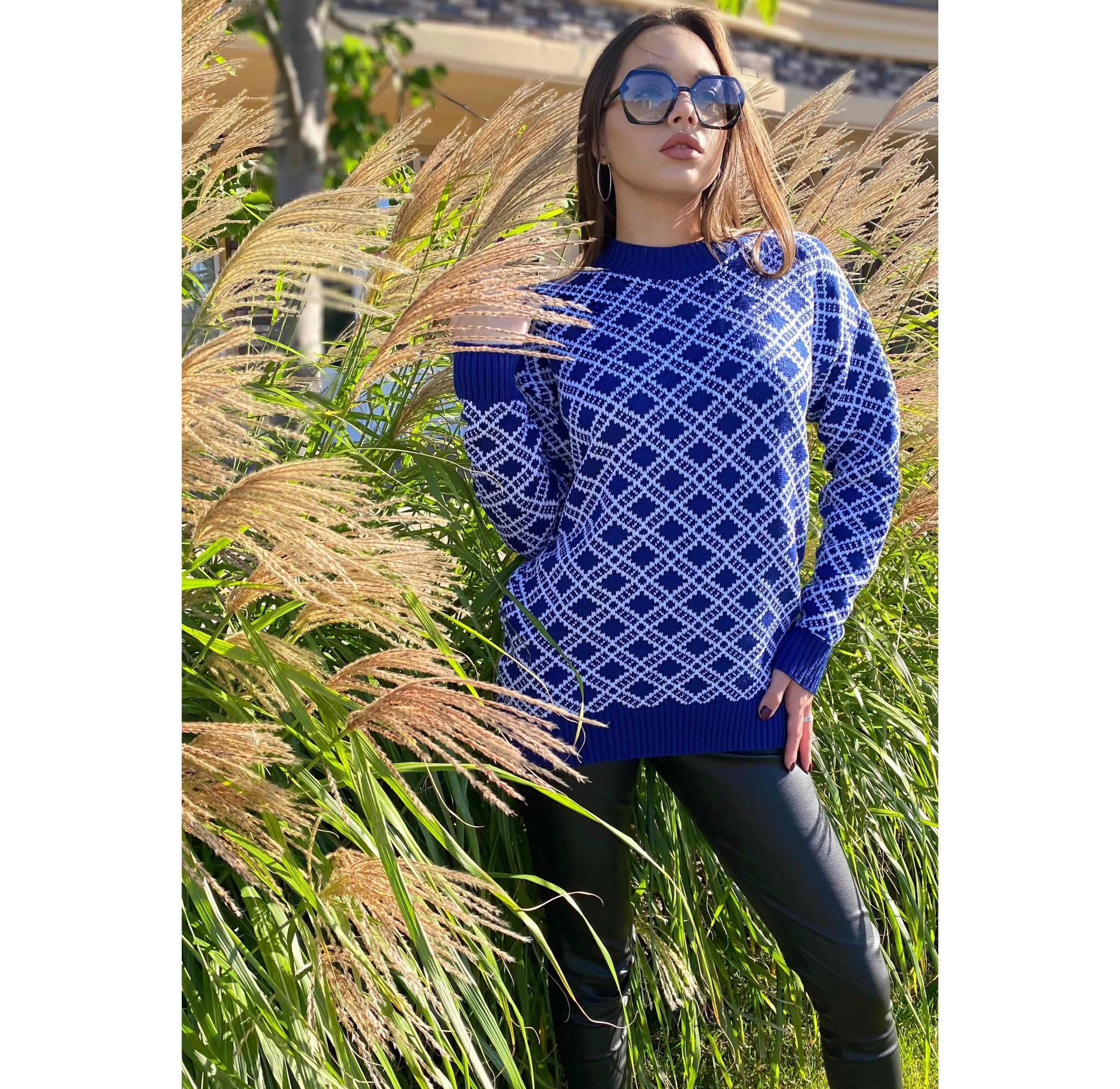 Long knitted printed sweater Vintage plaid sweater women Vintage Geometric pattern sweater dress O-Neck Long Sleeve Womens Oversize pullover