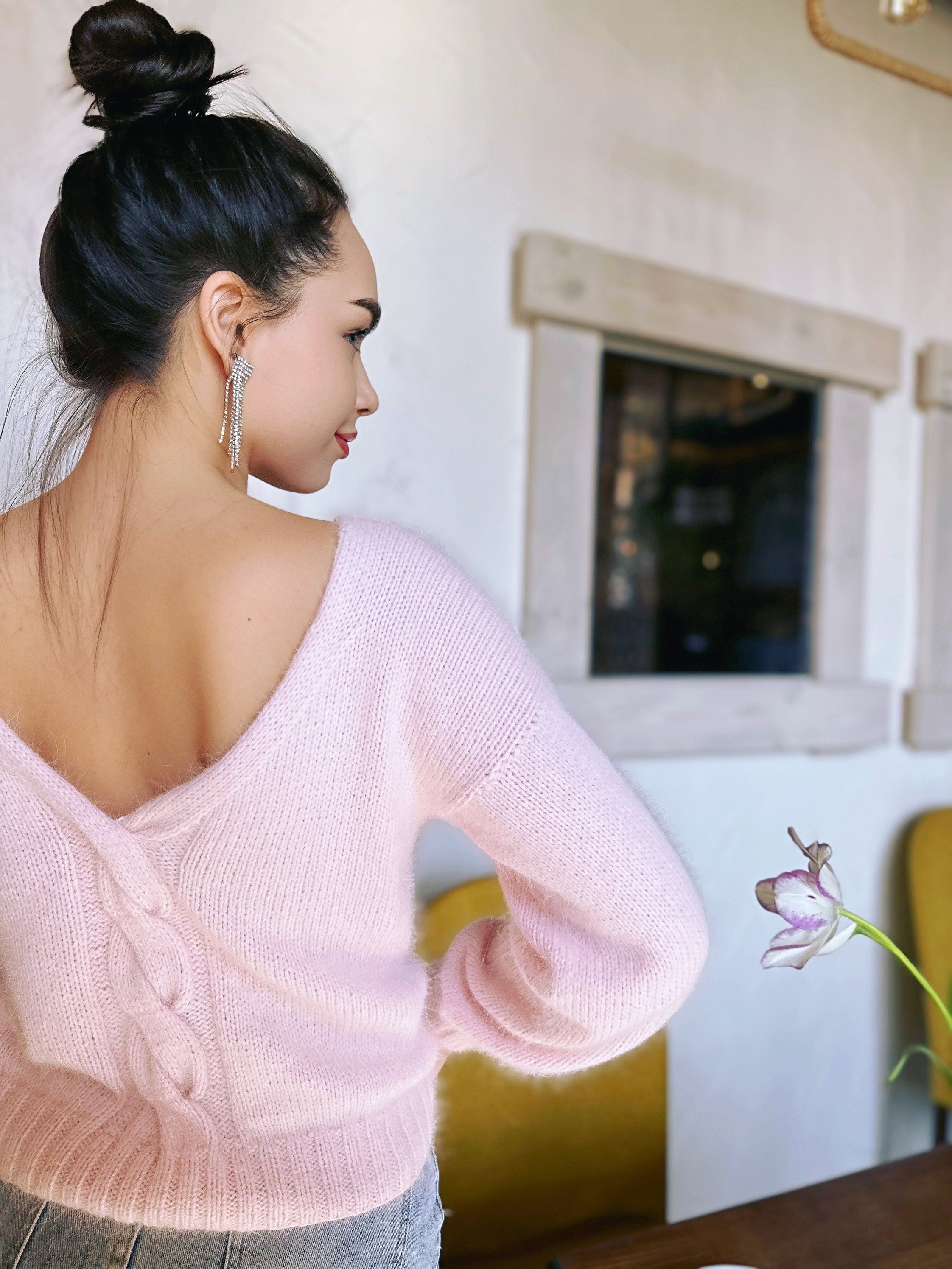 Light pink angora sweater Open back Deep neckline Knit Pastel fluffy angora pullover Loose fit oversized V-neck Top long sleevs Cozy gift