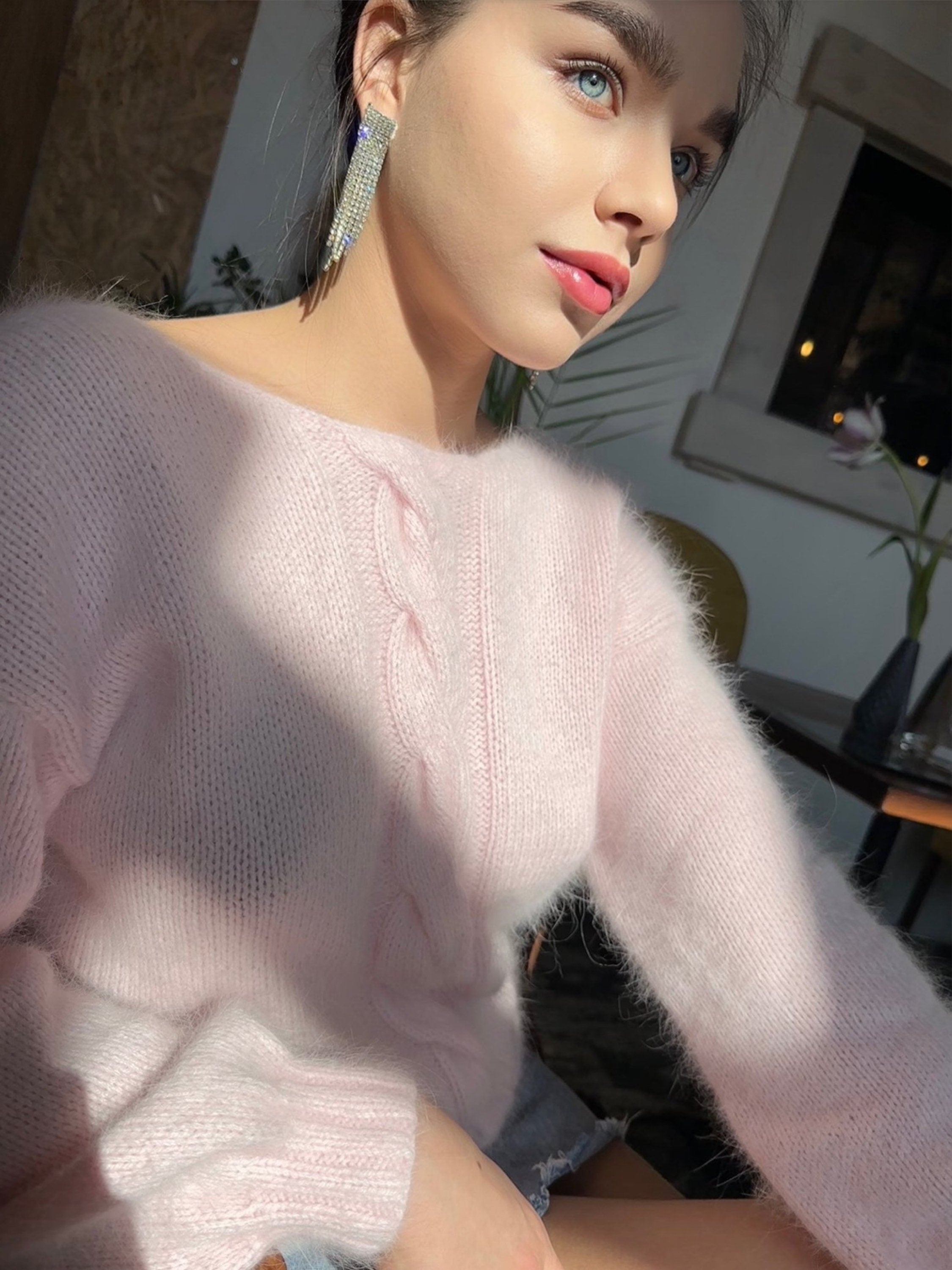 Light pink angora sweater Open back Deep neckline Knit Pastel fluffy angora pullover Loose fit oversized V-neck Top long sleevs Cozy gift