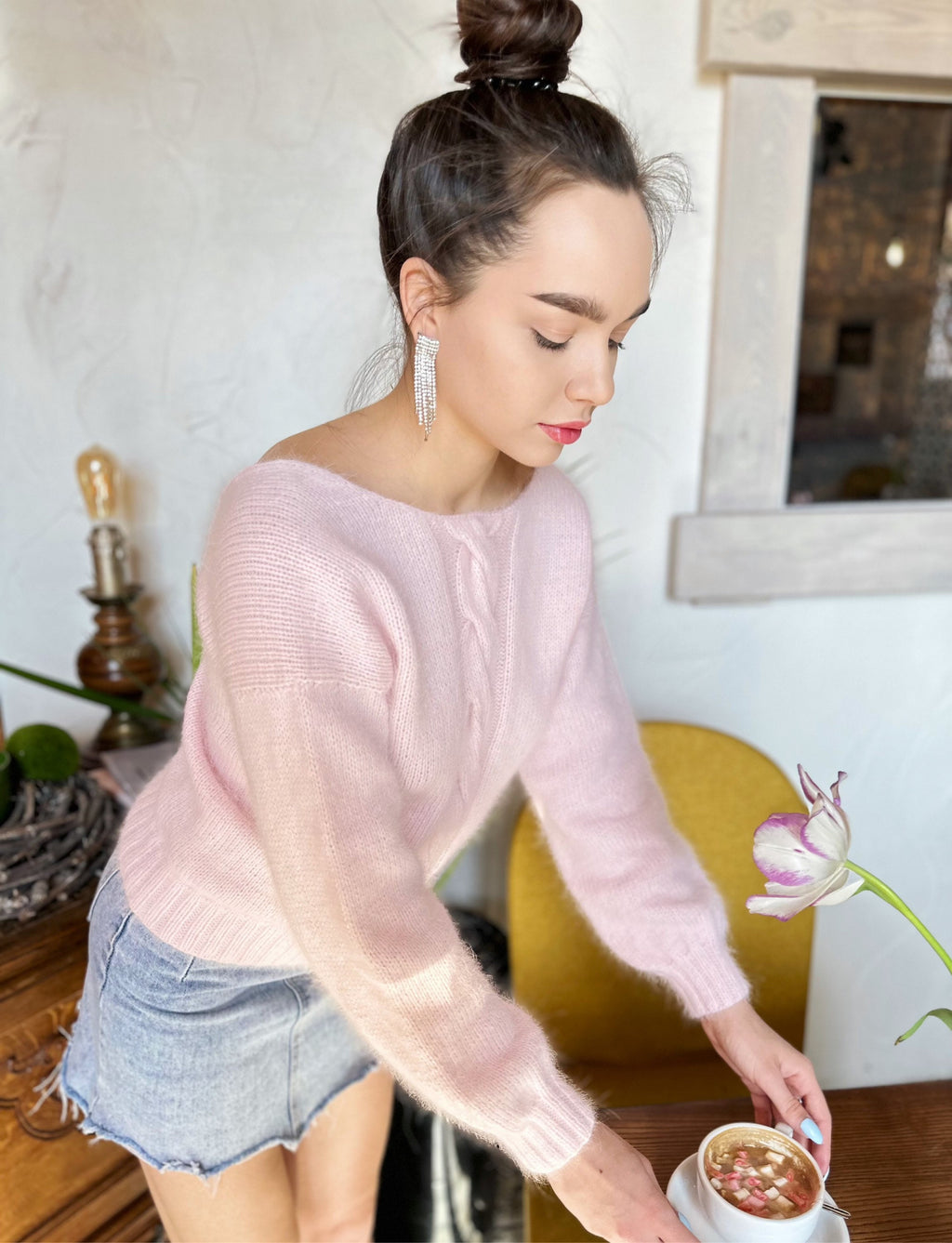 Light pink angora sweater Open back Deep neckline Knit Pastel fluffy angora pullover Loose fit oversized V-neck Top long sleevs Cozy gift