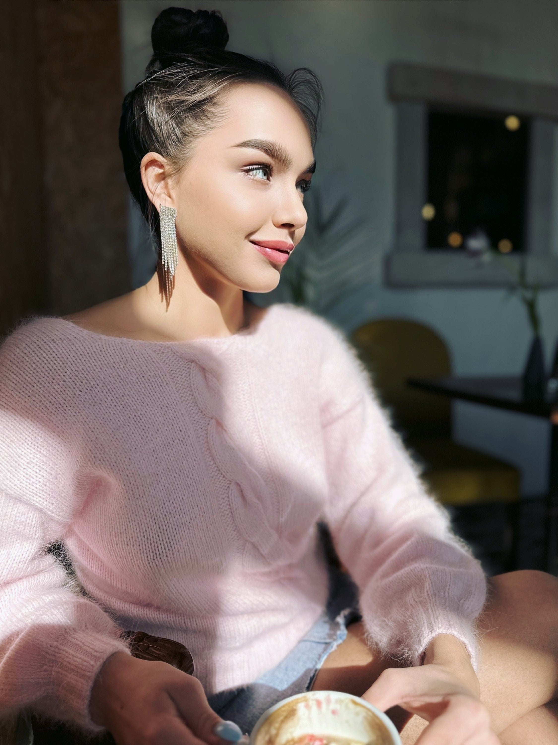 Light pink angora sweater Open back Deep neckline Knit Pastel fluffy angora pullover Loose fit oversized V-neck Top long sleevs Cozy gift