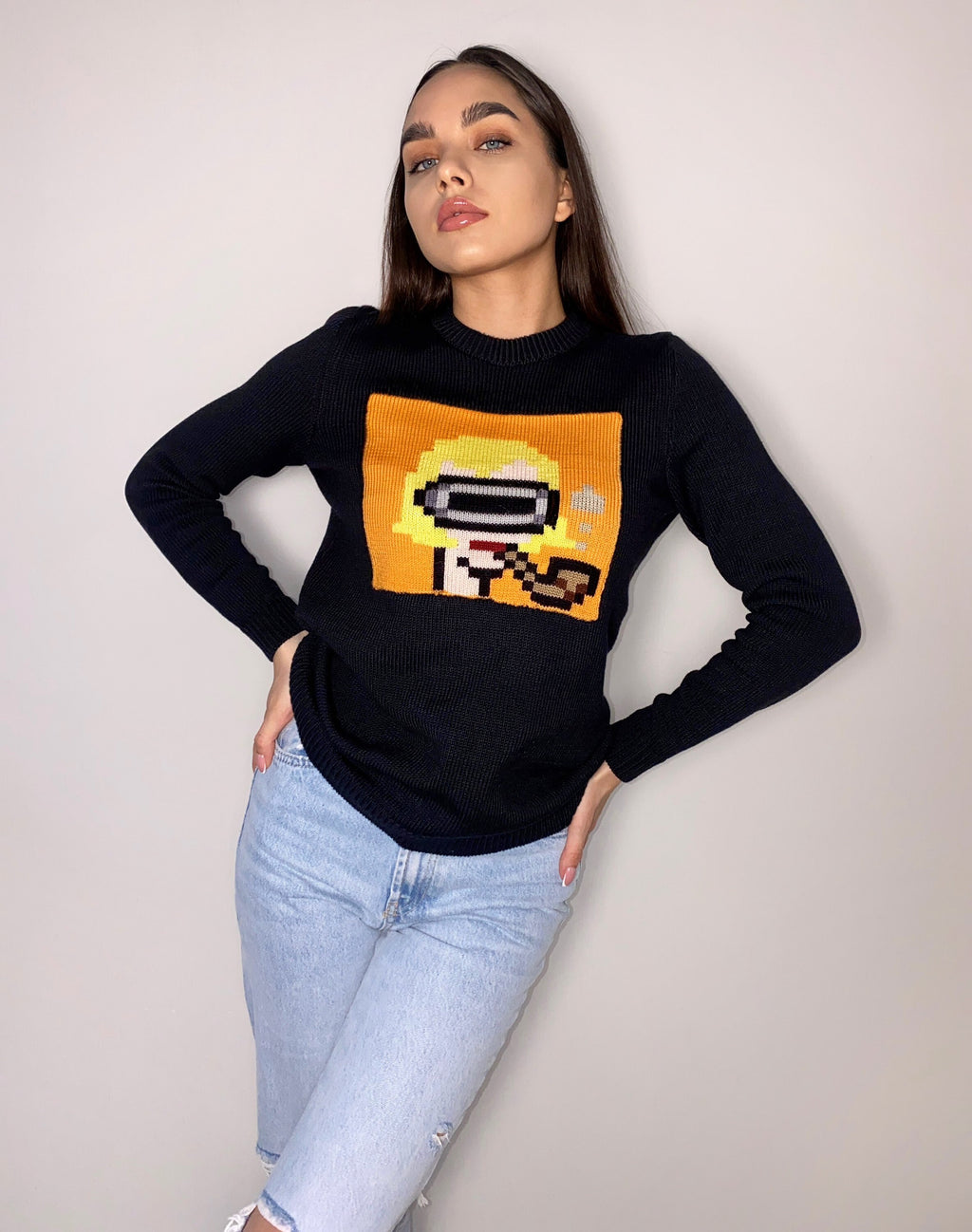 Funny organic cotton knitted sweater Crypto jumper pixel unisex Knitted image girl Knit black orange bitcoin sweater ethereum gifts for him