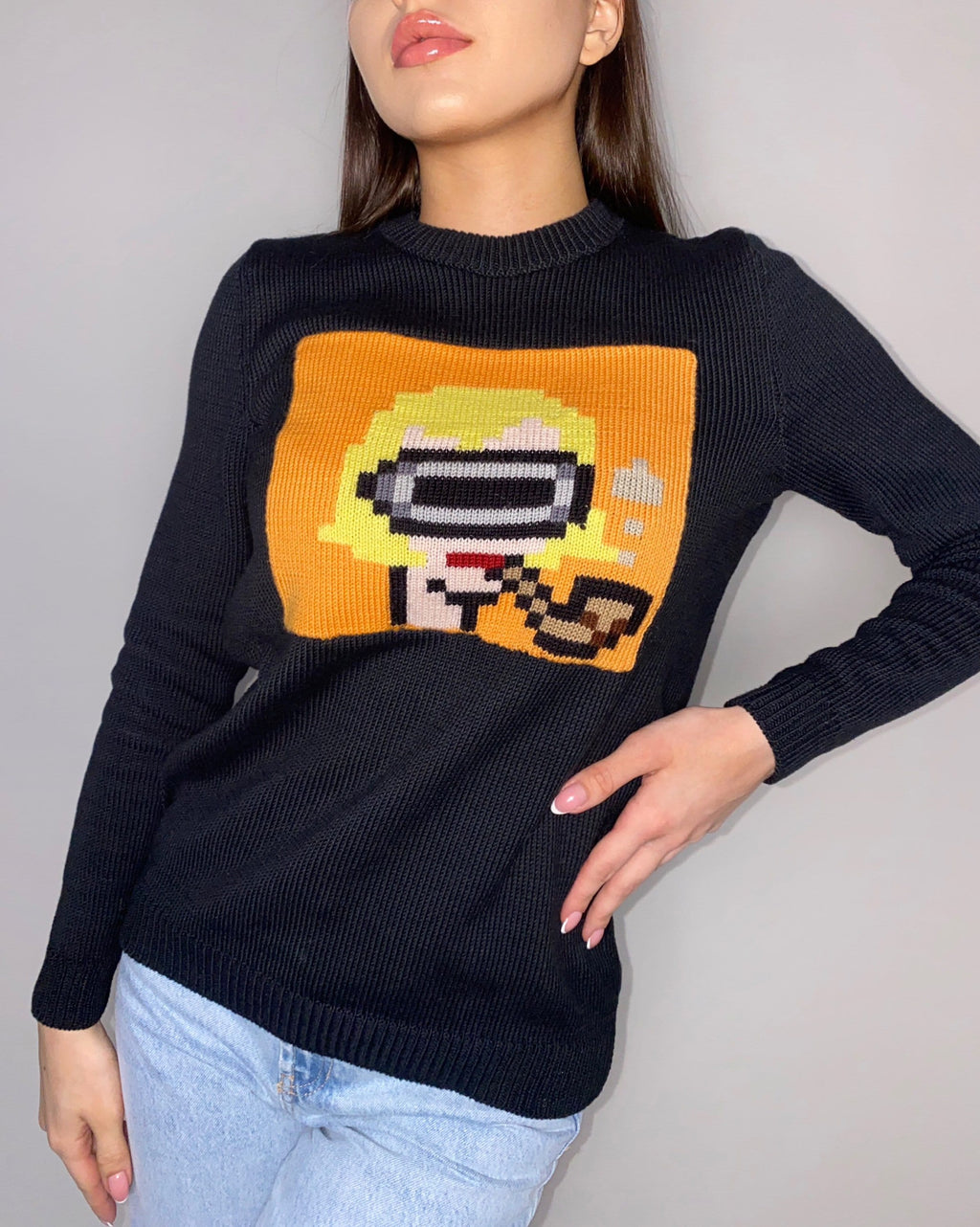 Funny organic cotton knitted sweater Crypto jumper pixel unisex Knitted image girl Knit black orange bitcoin sweater ethereum gifts for him