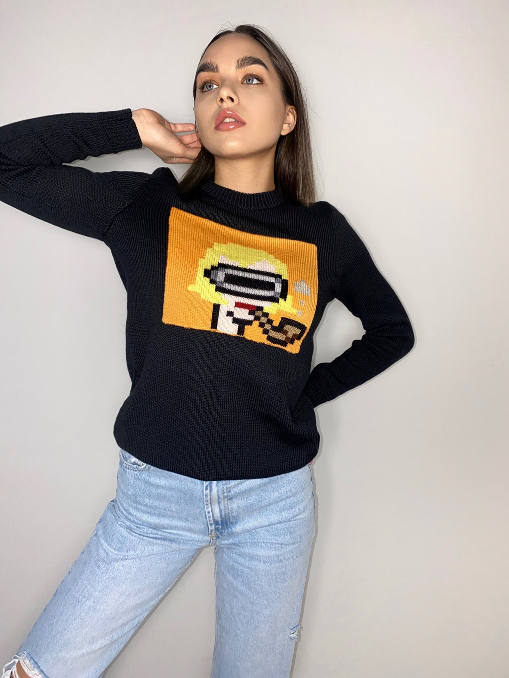 Funny organic cotton knitted sweater Crypto jumper pixel unisex Knitted image girl Knit black orange bitcoin sweater ethereum gifts for him
