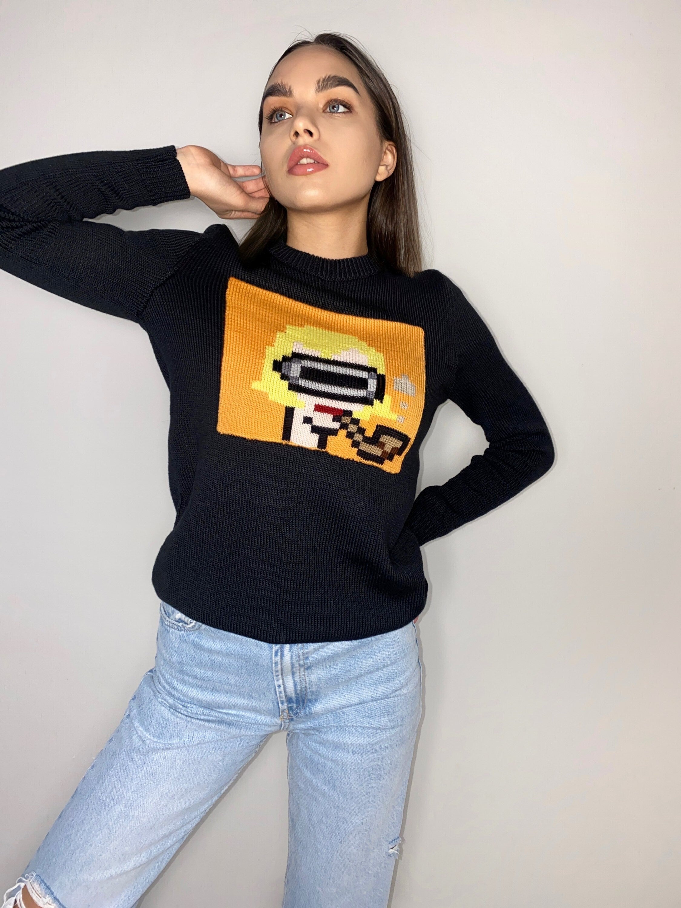 Funny organic cotton knitted sweater Crypto jumper pixel unisex Knitted image girl Knit black orange bitcoin sweater ethereum gifts for him