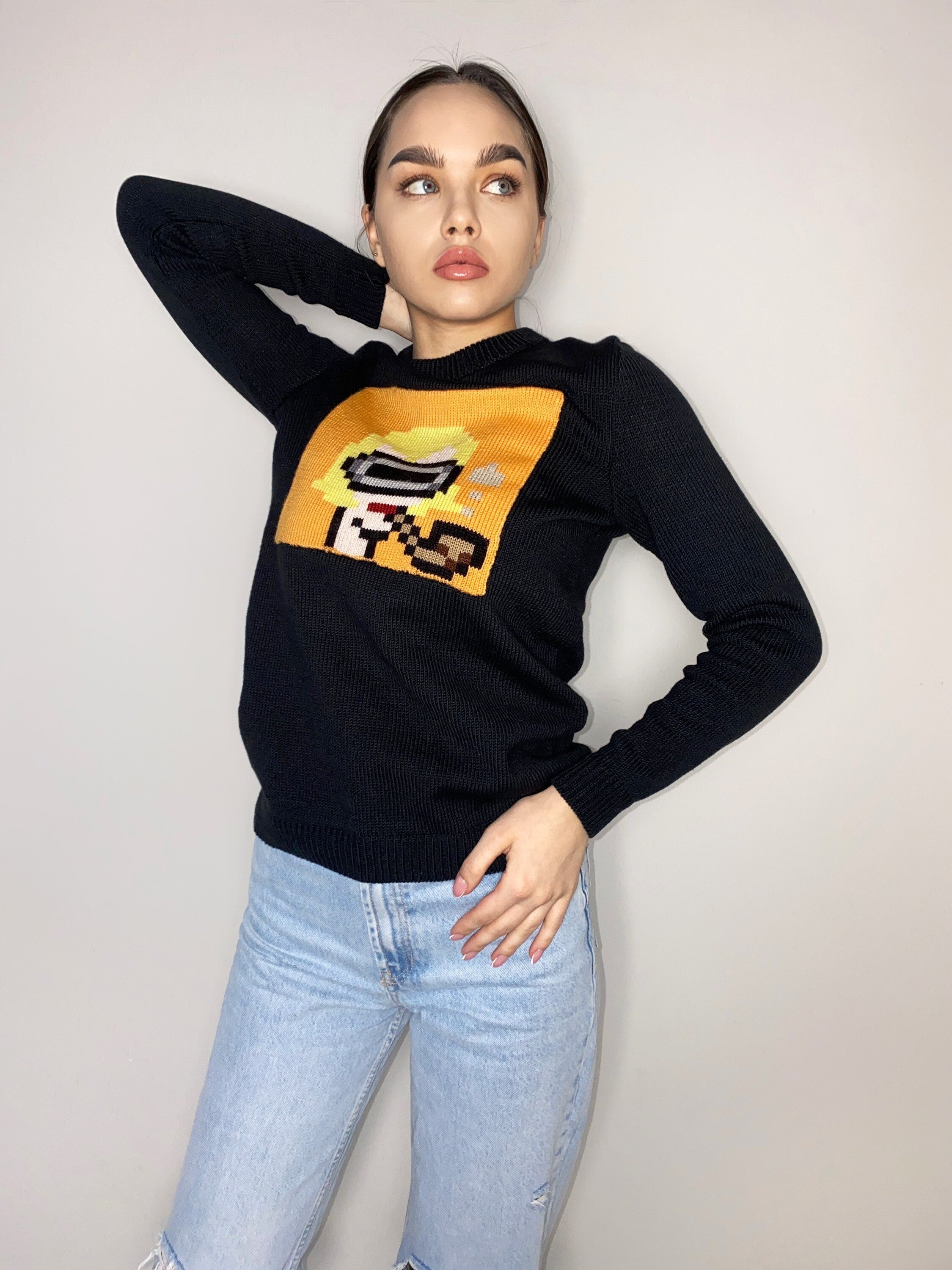 Funny organic cotton knitted sweater Crypto jumper pixel unisex Knitted image girl Knit black orange bitcoin sweater ethereum gifts for him