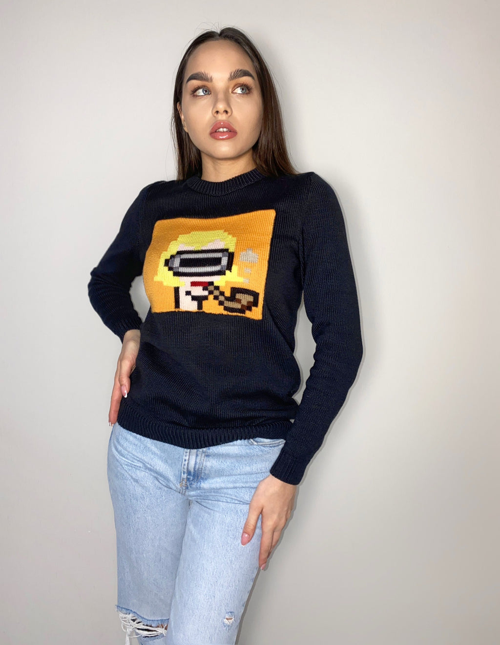Funny organic cotton knitted sweater Crypto jumper pixel unisex Knitted image girl Knit black orange bitcoin sweater ethereum gifts for him