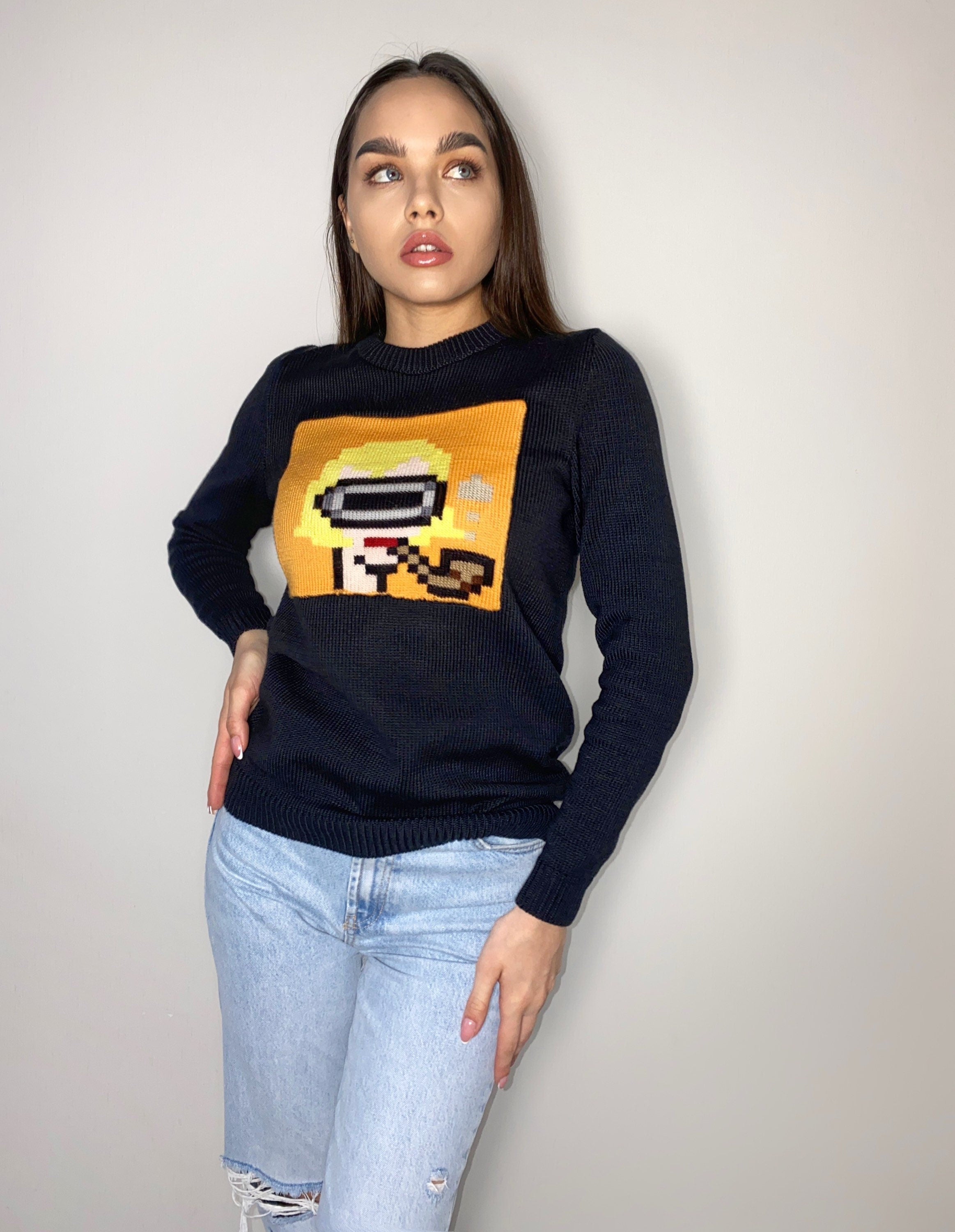 Funny organic cotton knitted sweater Crypto jumper pixel unisex Knitted image girl Knit black orange bitcoin sweater ethereum gifts for him