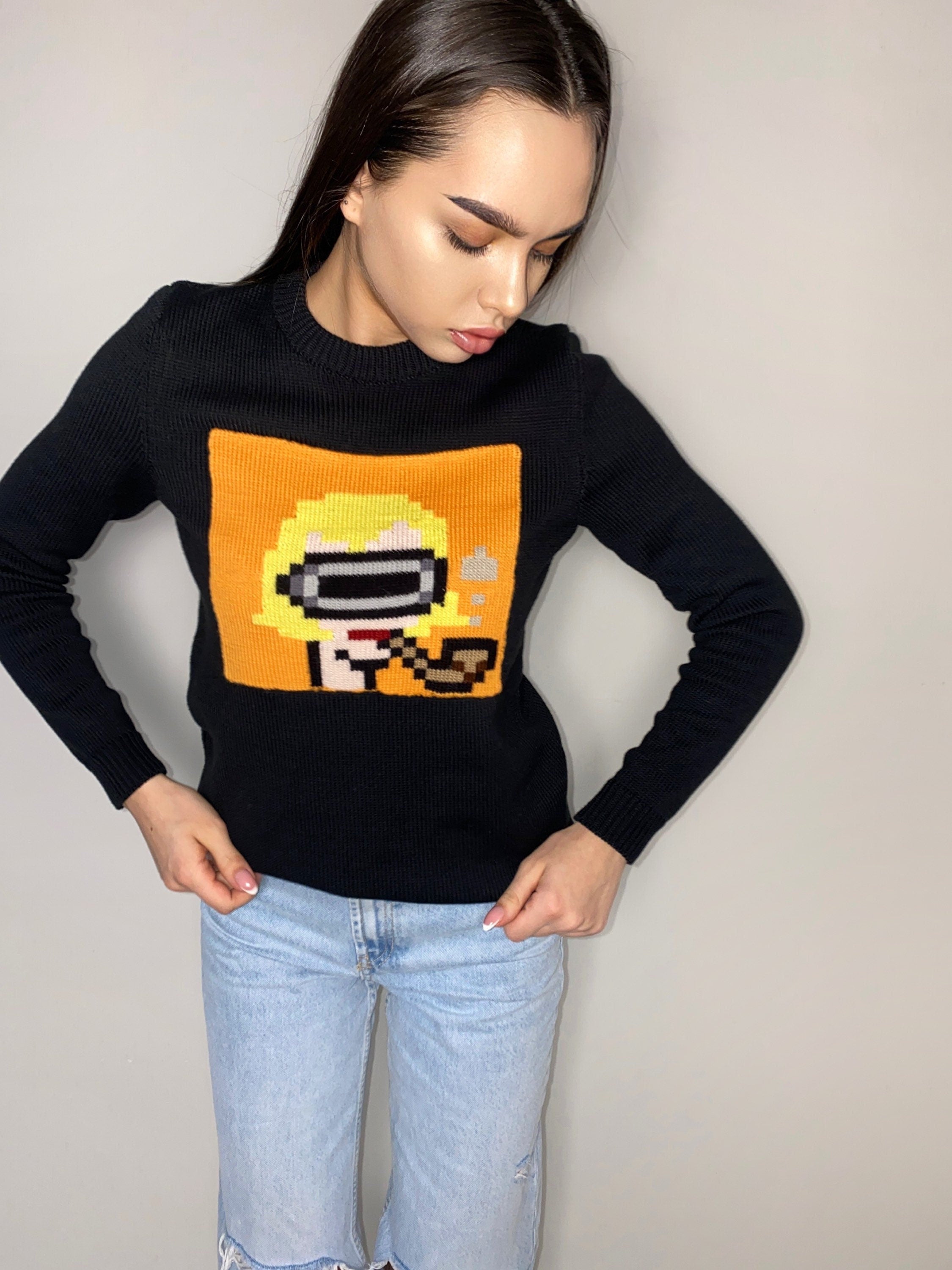 Funny organic cotton knitted sweater Crypto jumper pixel unisex Knitted image girl Knit black orange bitcoin sweater ethereum gifts for him