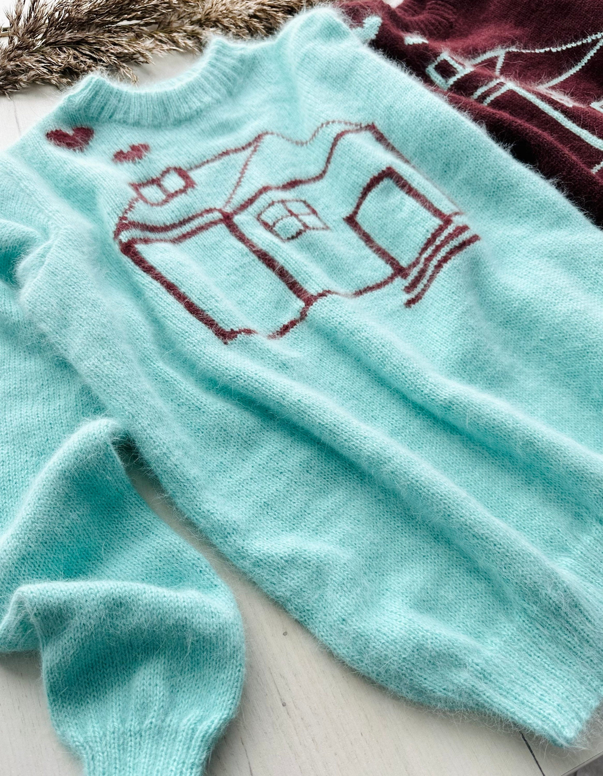 Angora wool hand knit sweater angora wool sweater Gender neutral celebrity pullover Fluffy sweater knitted house Unisex Sweater