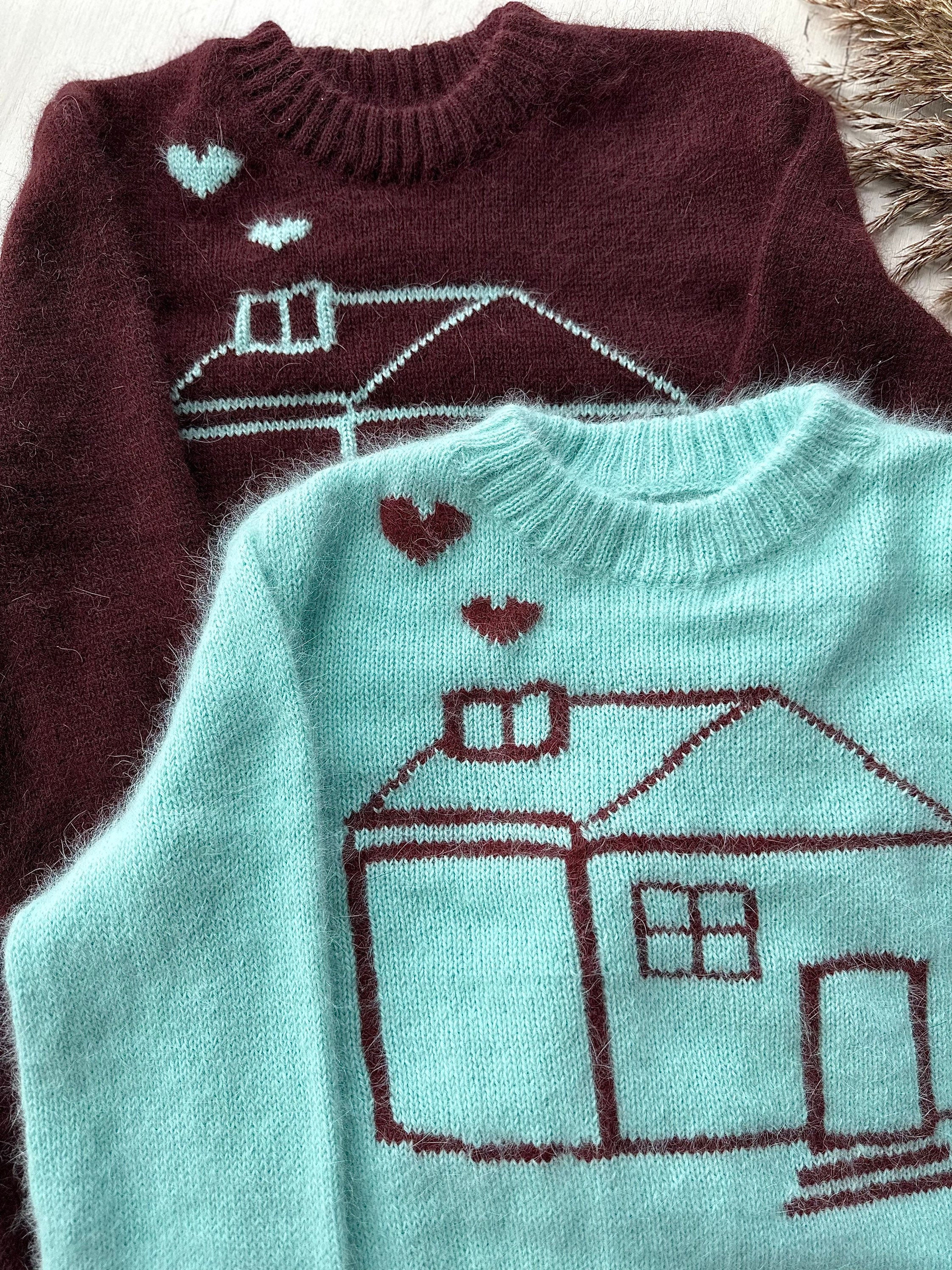 Angora wool hand knit sweater angora wool sweater Gender neutral celebrity pullover Fluffy sweater knitted house Unisex Sweater