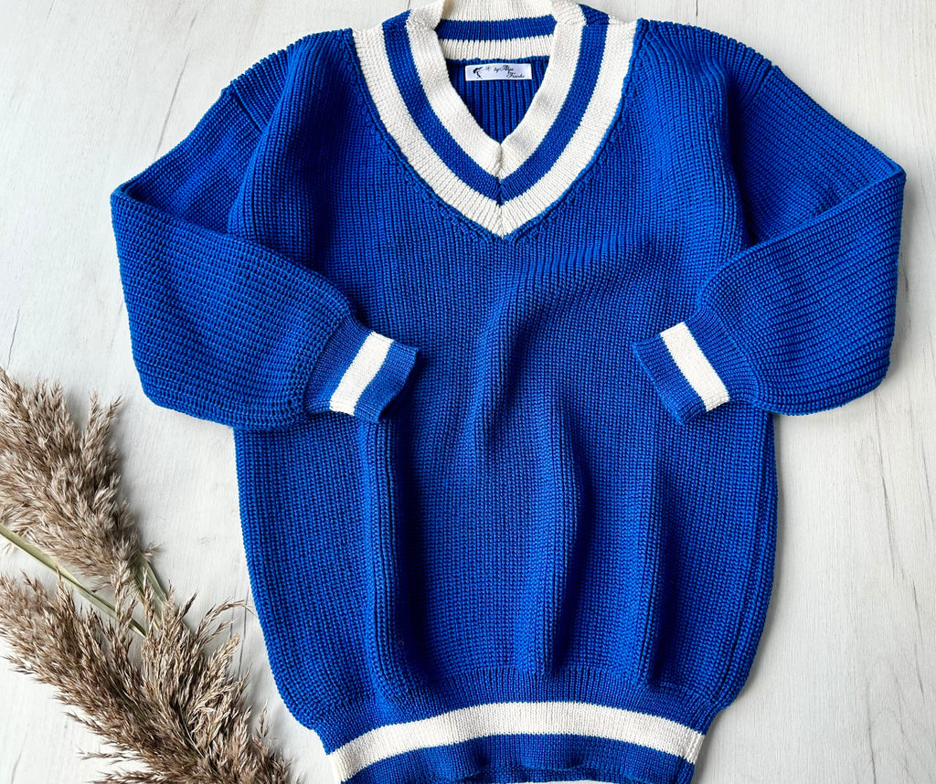 Knitted merino wool V neck Blue White sweater women Blue merino knit pullover Bright sweater Womens Chunky knit oversize pullover