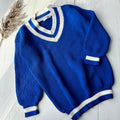 Knitted merino wool V neck Blue White sweater women Blue merino knit pullover Bright sweater Womens Chunky knit oversize pullover
