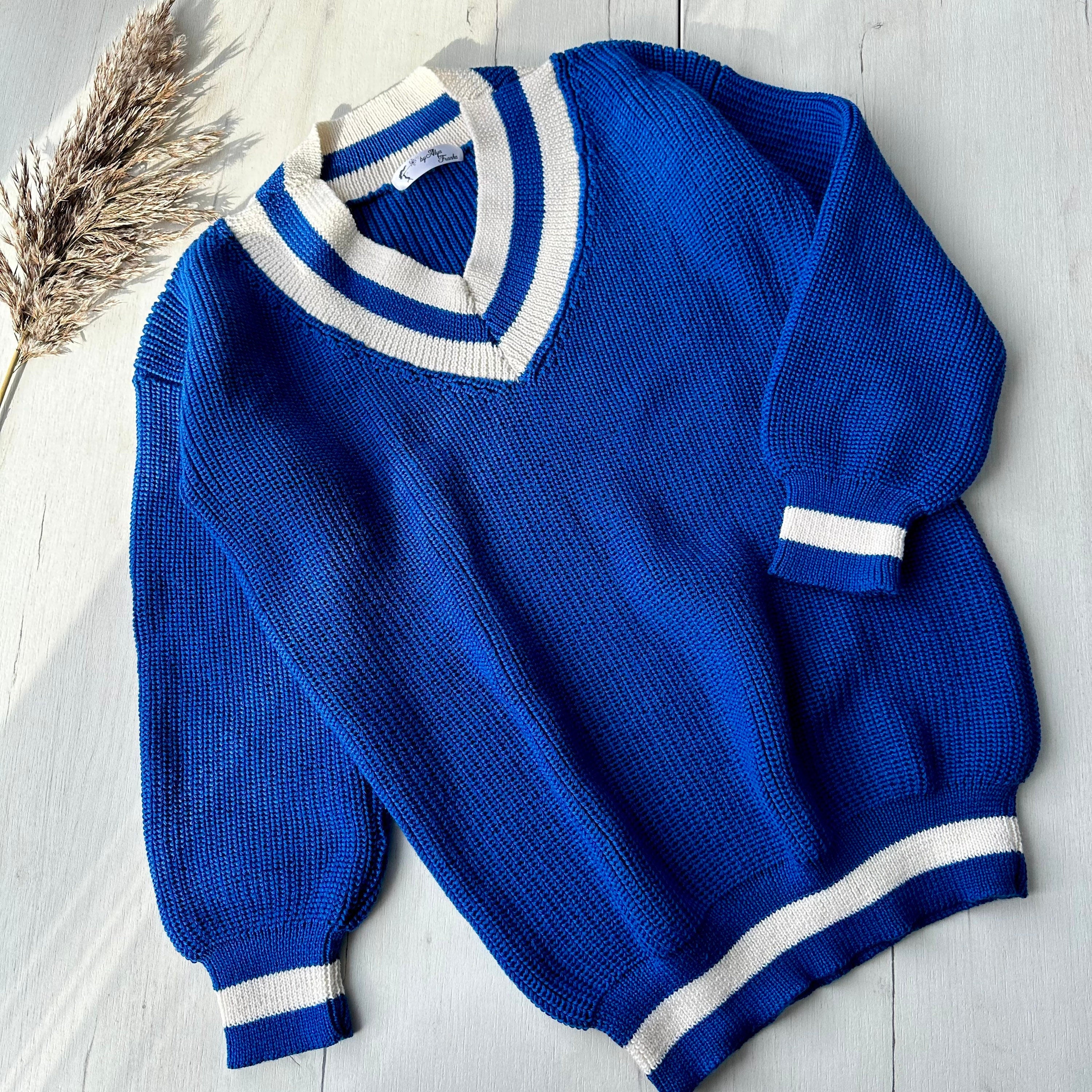 Knitted merino wool V neck Blue White sweater women Blue merino knit pullover Bright sweater Womens Chunky knit oversize pullover