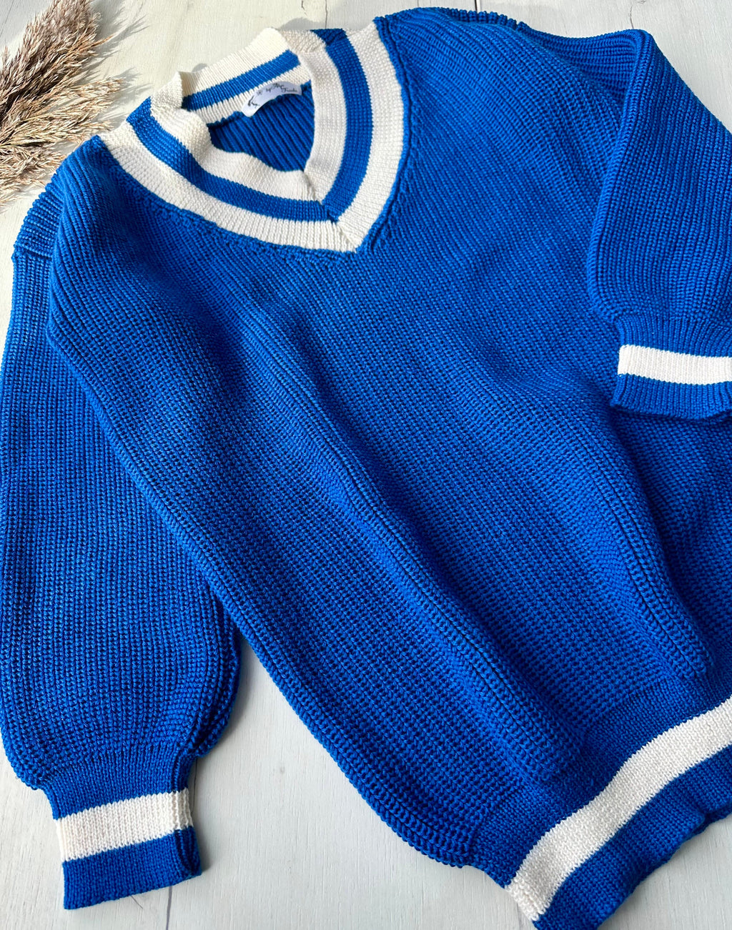 Knitted merino wool V neck Blue White sweater women Blue merino knit pullover Bright sweater Womens Chunky knit oversize pullover