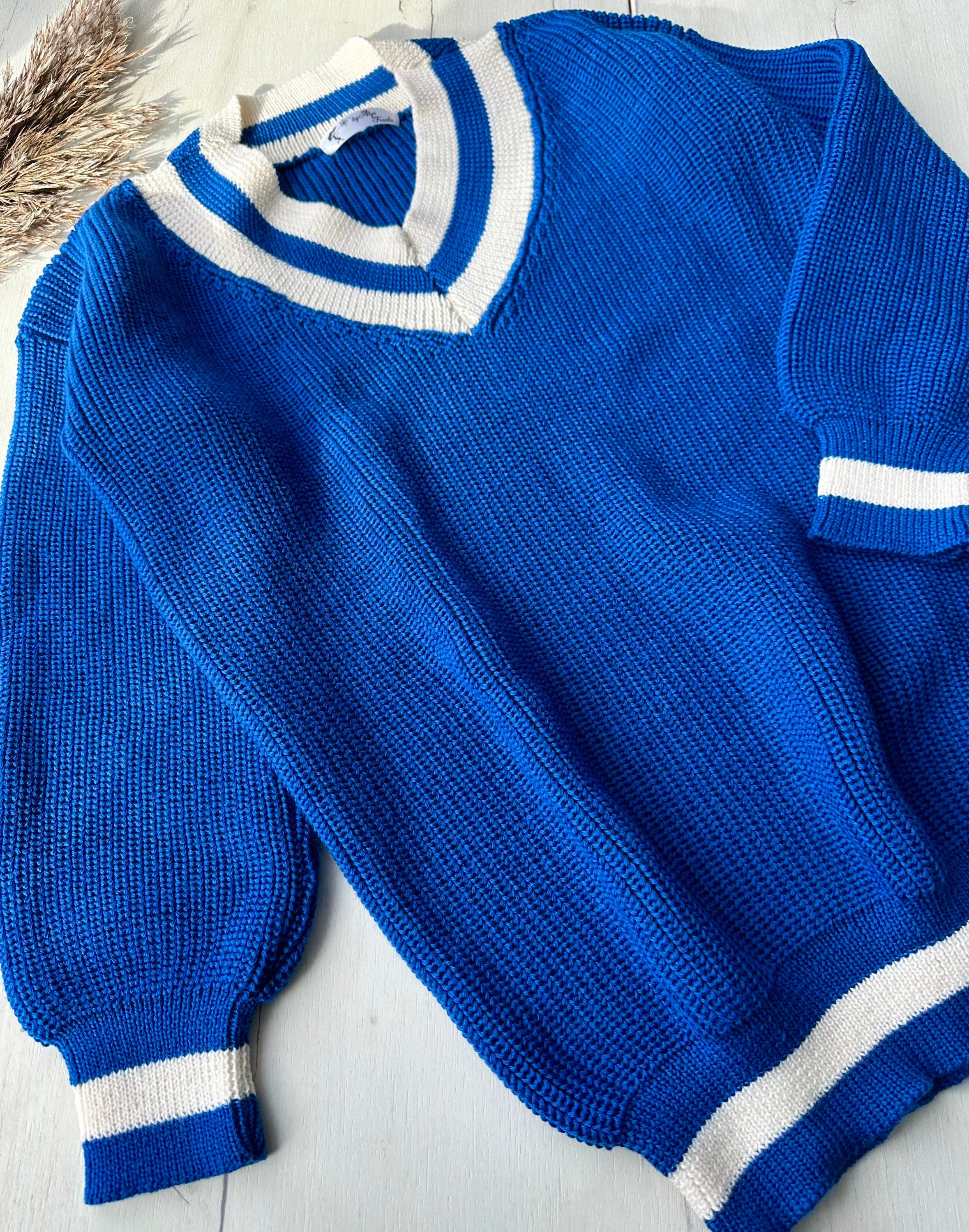 Knitted merino wool V neck Blue White sweater women Blue merino knit pullover Bright sweater Womens Chunky knit oversize pullover
