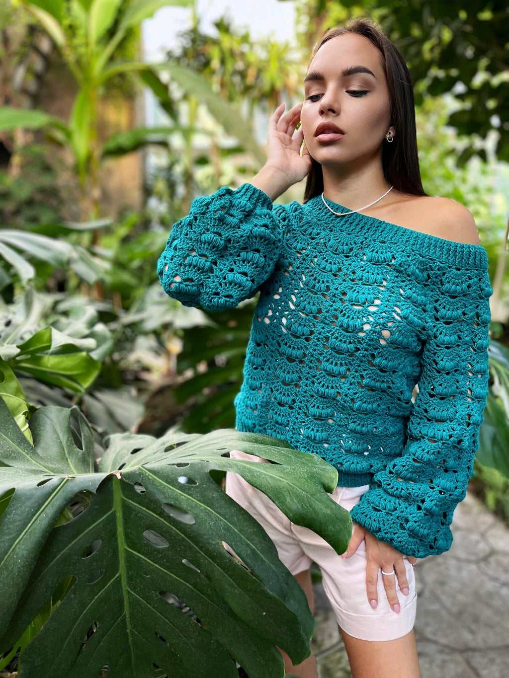 Knit green one shoulder pulover sweater Сrochet cotton blouse Crochet boho emerald sweater Sweater open shoulders summer sweater women
