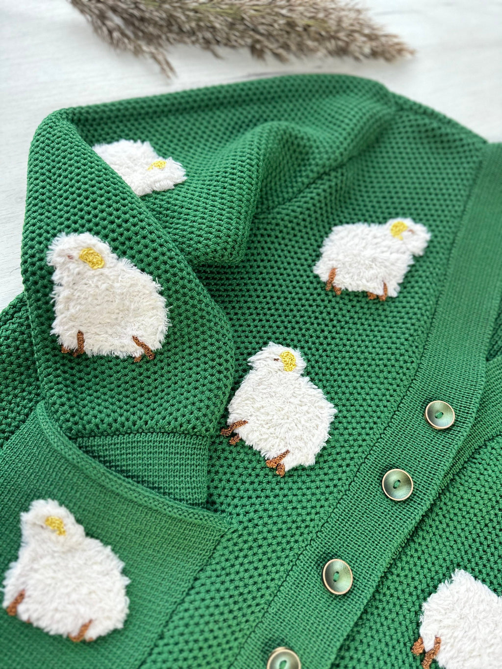 Knitted Green Sheep Cardigan for women Chunky knit cardigan patch pockets White Sheep Cute Sweater Sheep Pattern Short cardigan with buttons
