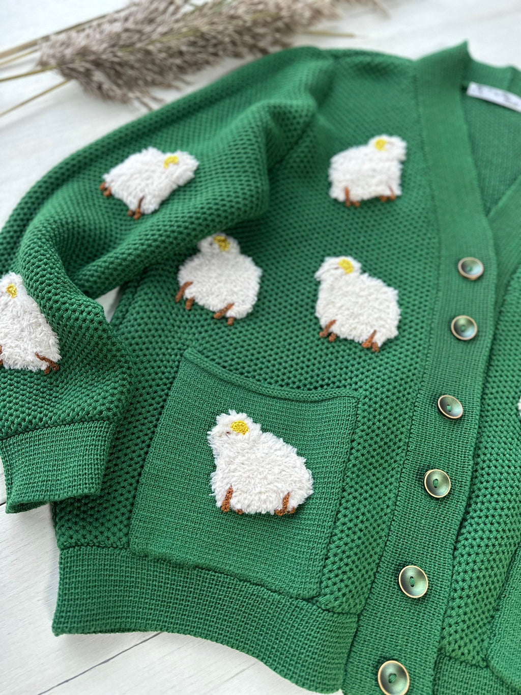 Knitted Green Sheep Cardigan for women Chunky knit cardigan patch pockets White Sheep Cute Sweater Sheep Pattern Short cardigan with buttons