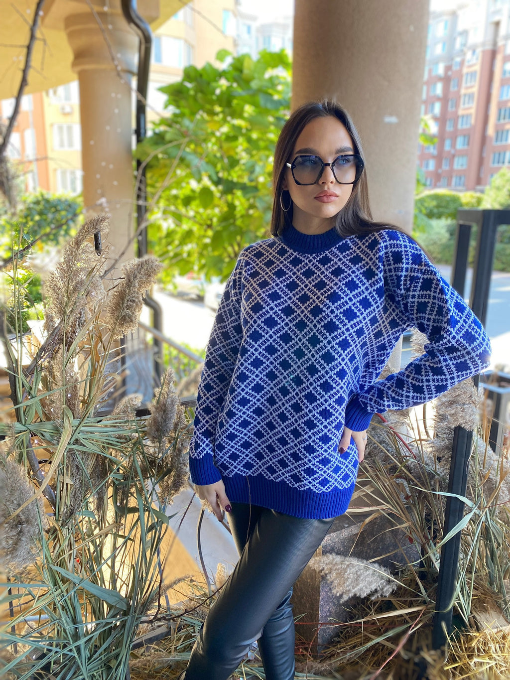 Long knitted printed sweater Vintage plaid sweater women Vintage Geometric pattern sweater dress O-Neck Long Sleeve Womens Oversize pullover