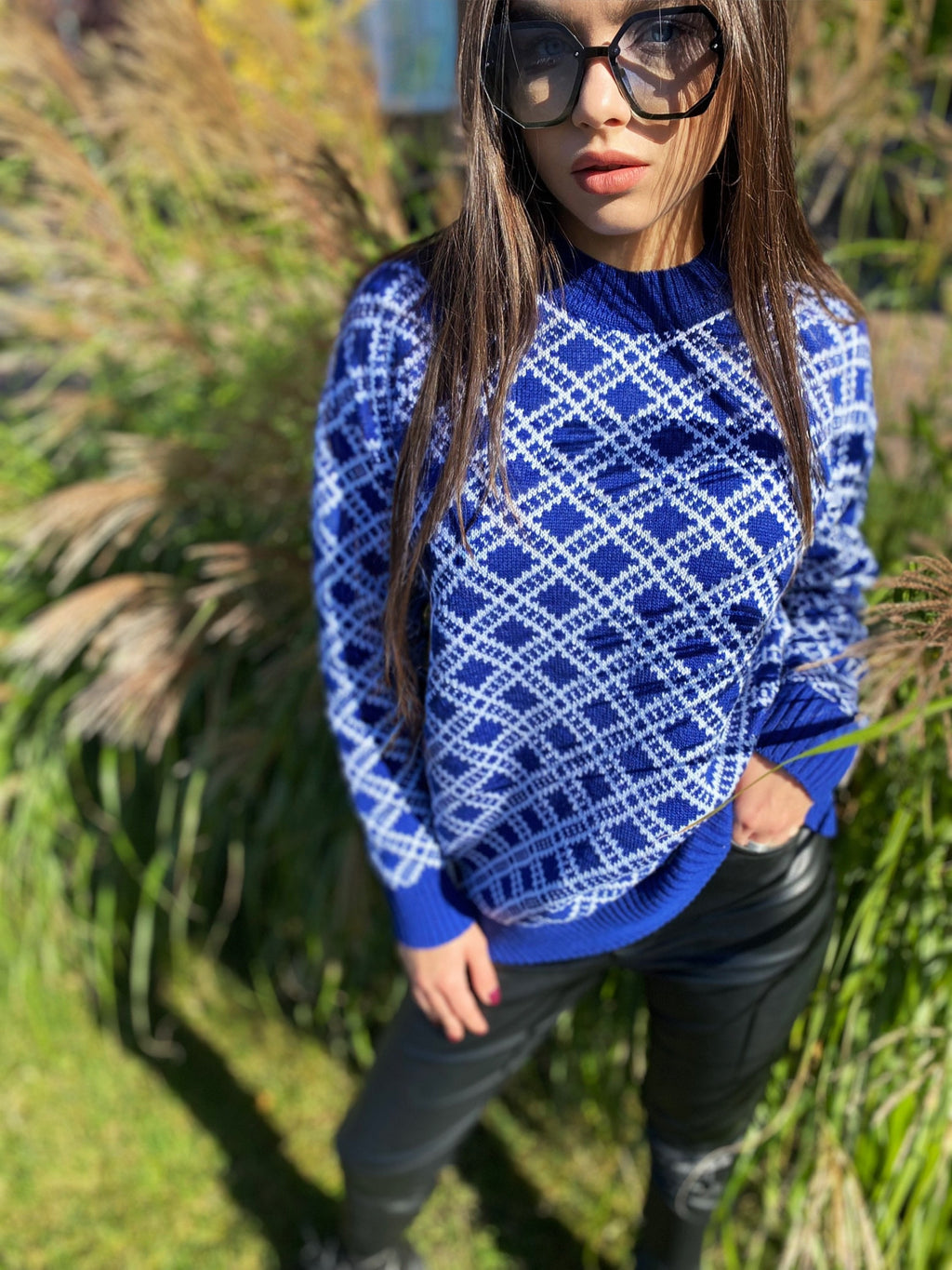 Long knitted printed sweater Vintage plaid sweater women Vintage Geometric pattern sweater dress O-Neck Long Sleeve Womens Oversize pullover