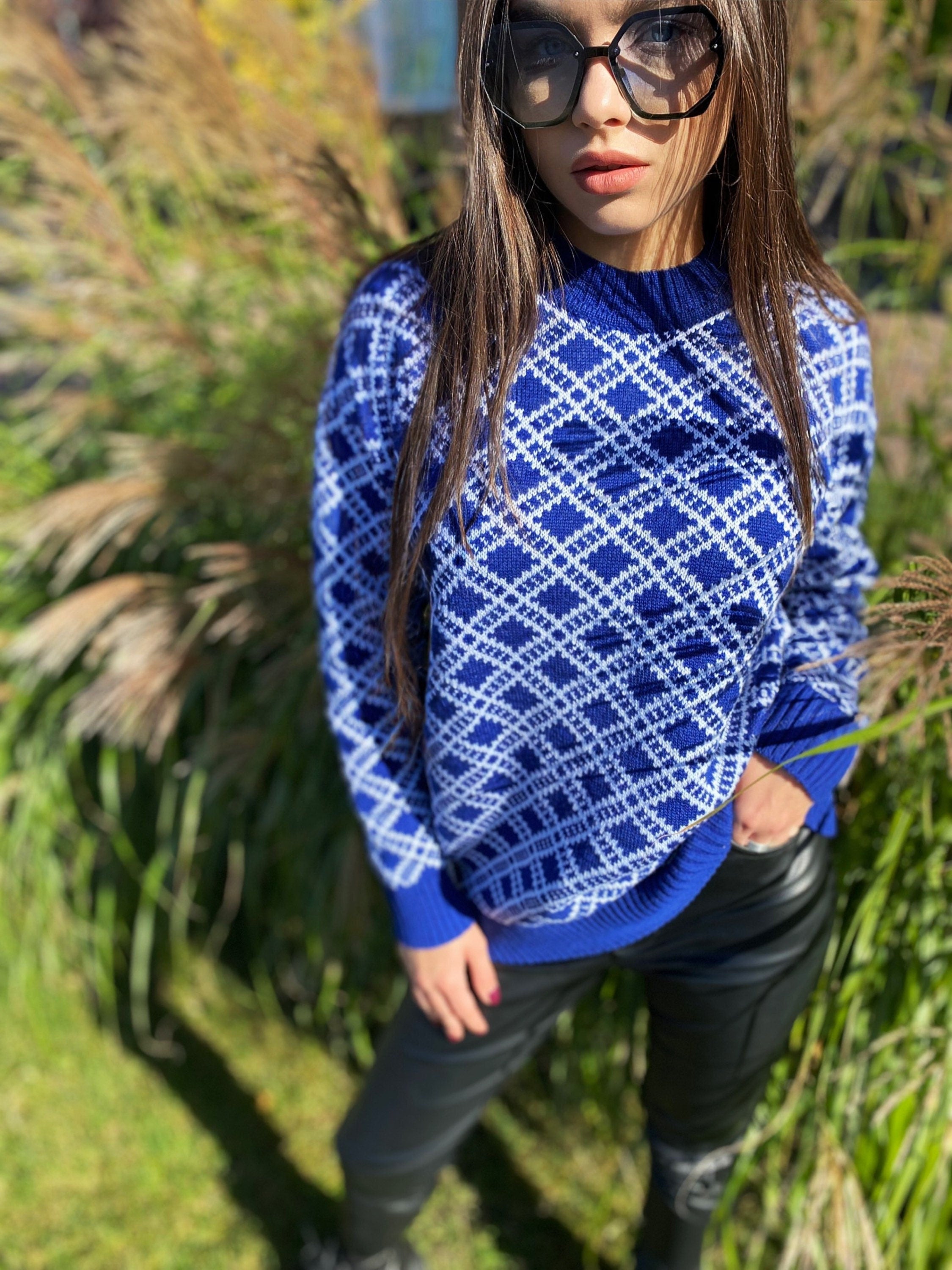 Long knitted printed sweater Vintage plaid sweater women Vintage Geometric pattern sweater dress O-Neck Long Sleeve Womens Oversize pullover