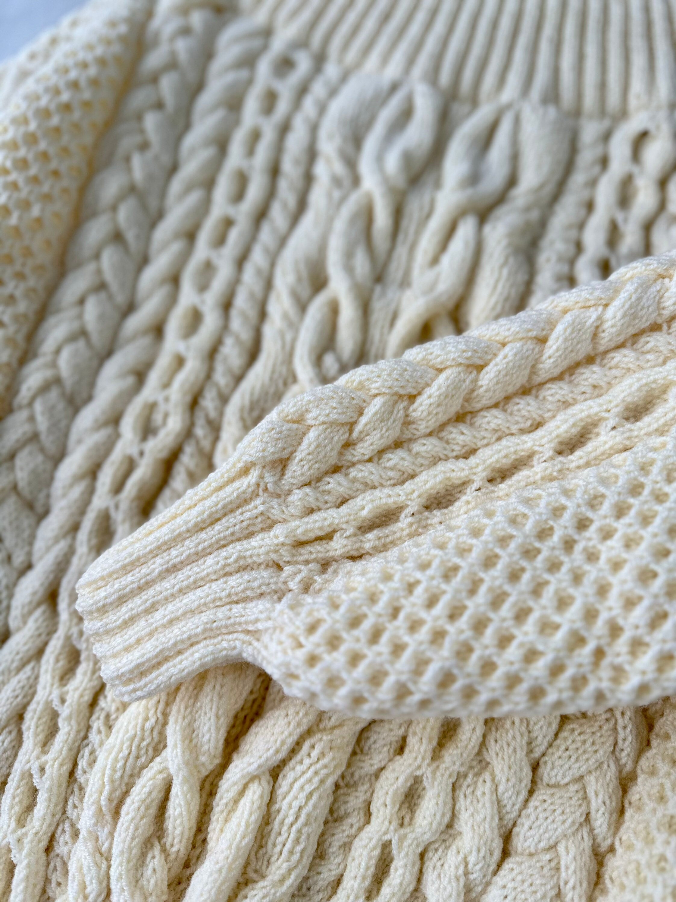 Cable knit pastel milk cream off the shoulder sweater wool for women Handmade oversize white pullover One shoulder cotton merino wool