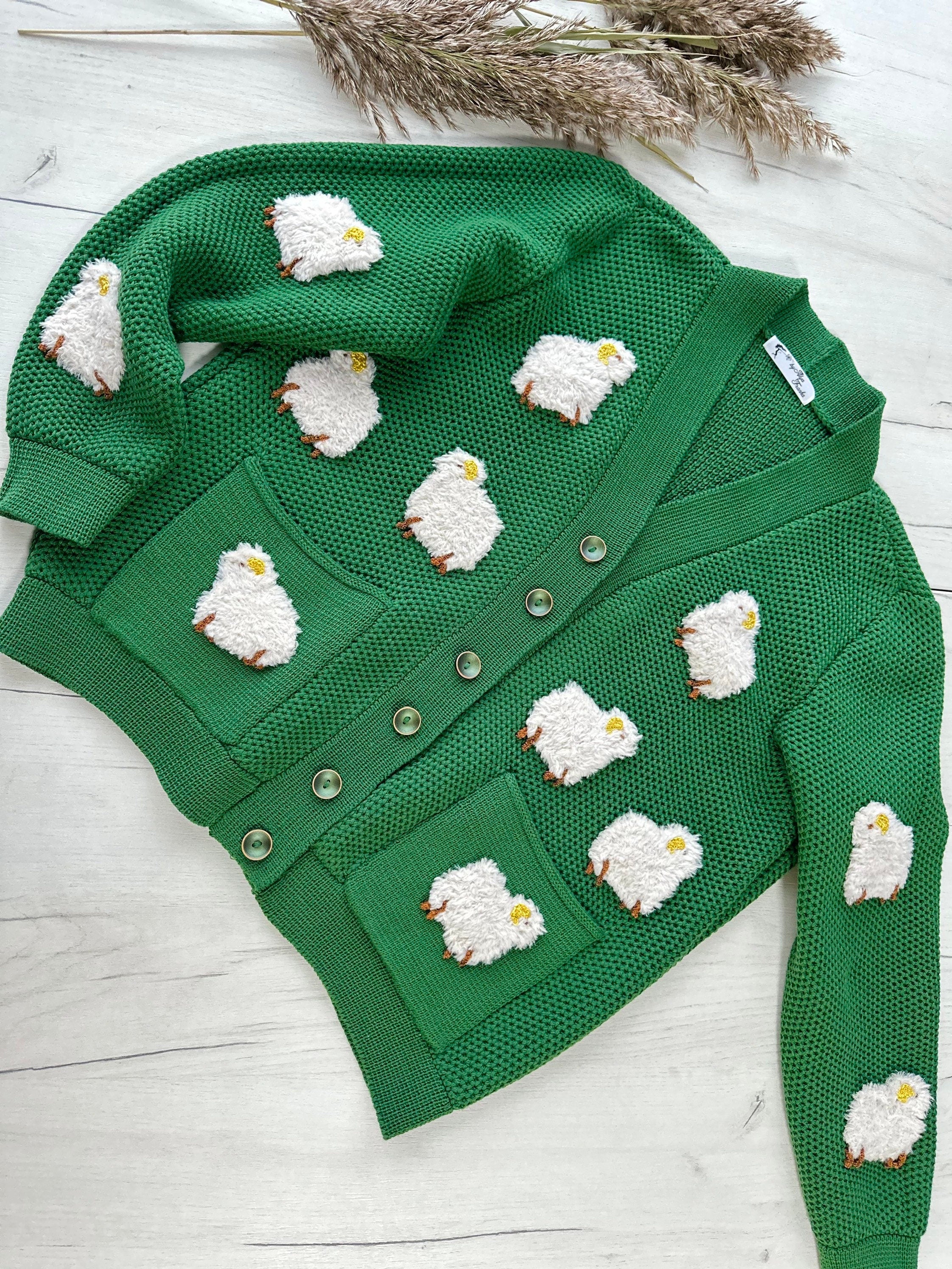 Knitted Green Sheep Cardigan for women Chunky knit cardigan patch pockets White Sheep Cute Sweater Sheep Pattern Short cardigan with buttons