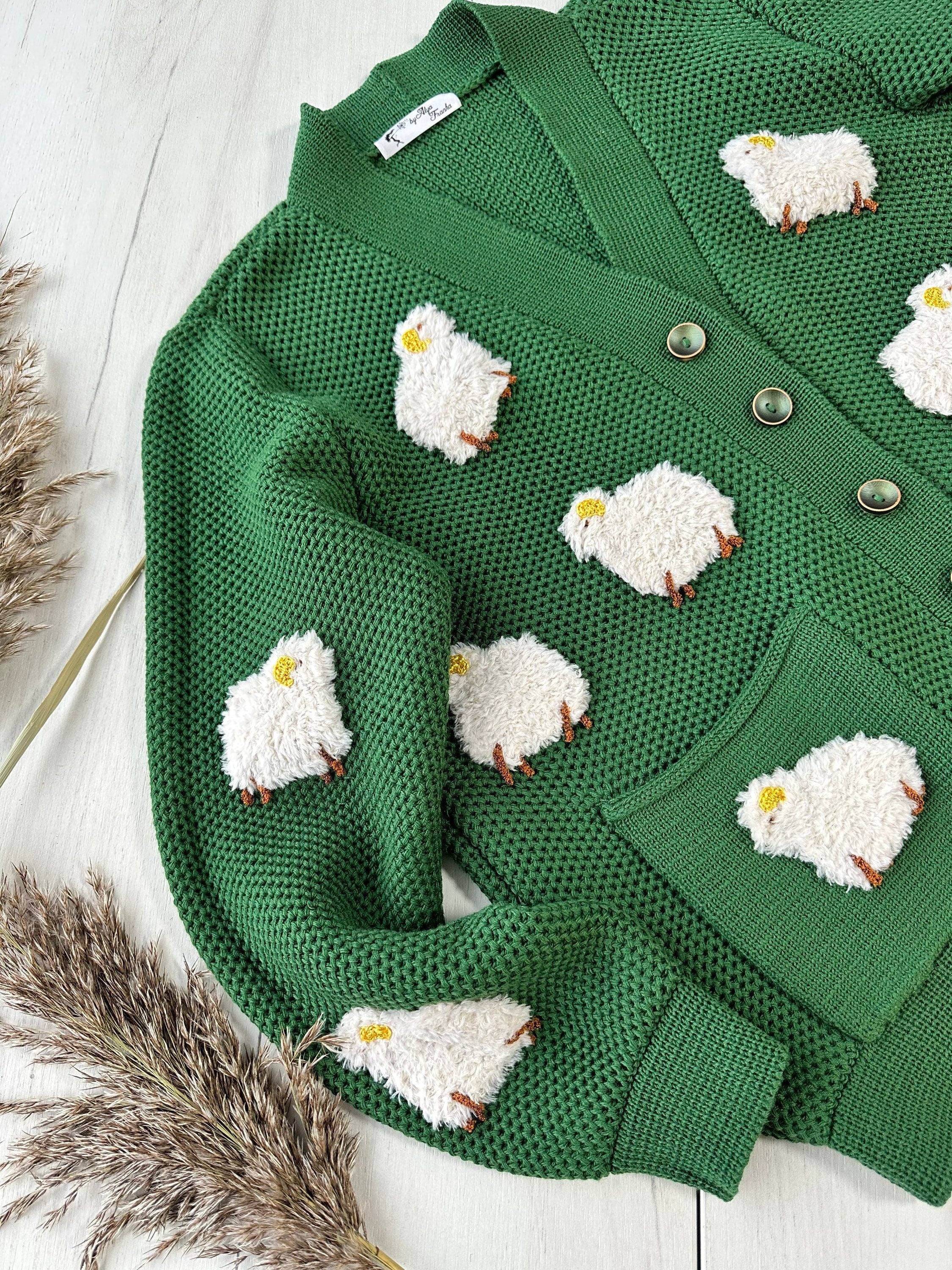 Knitted Green Sheep Cardigan for women Chunky knit cardigan patch pockets White Sheep Cute Sweater Sheep Pattern Short cardigan with buttons